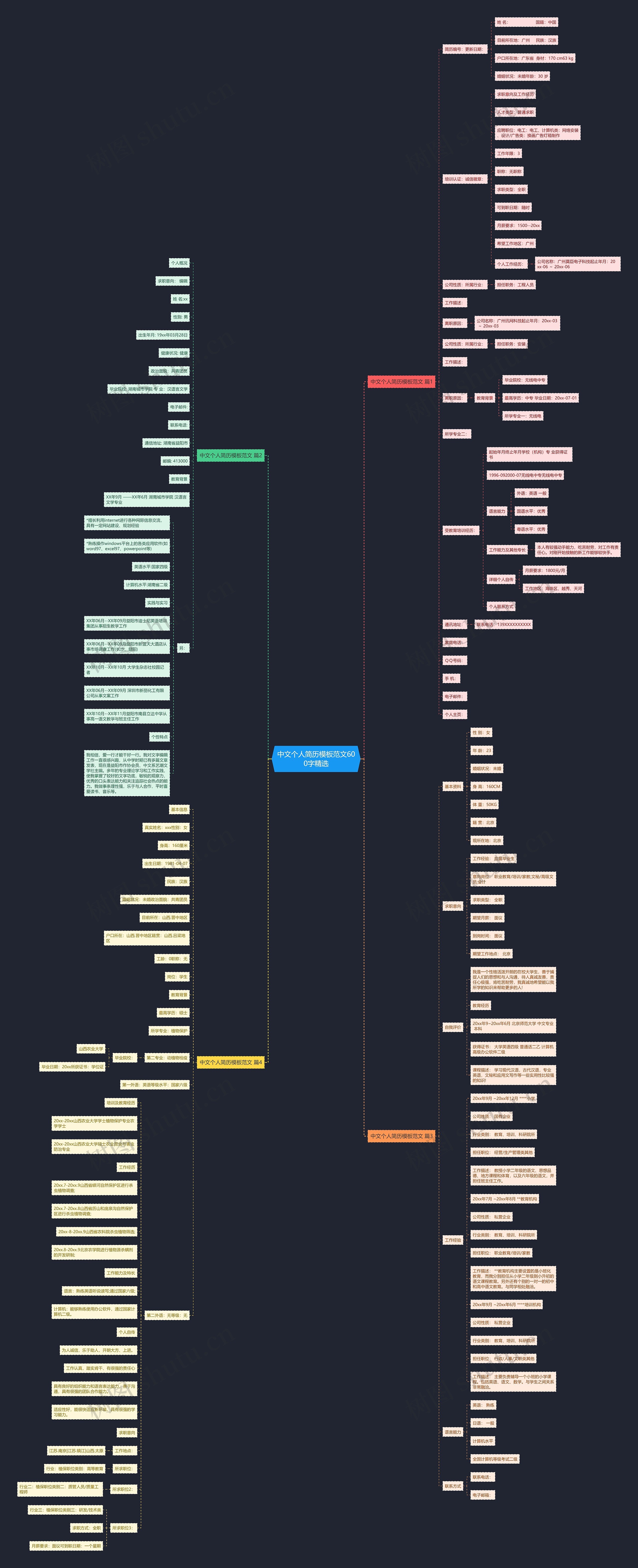 中文个人简历范文600字精选思维导图
