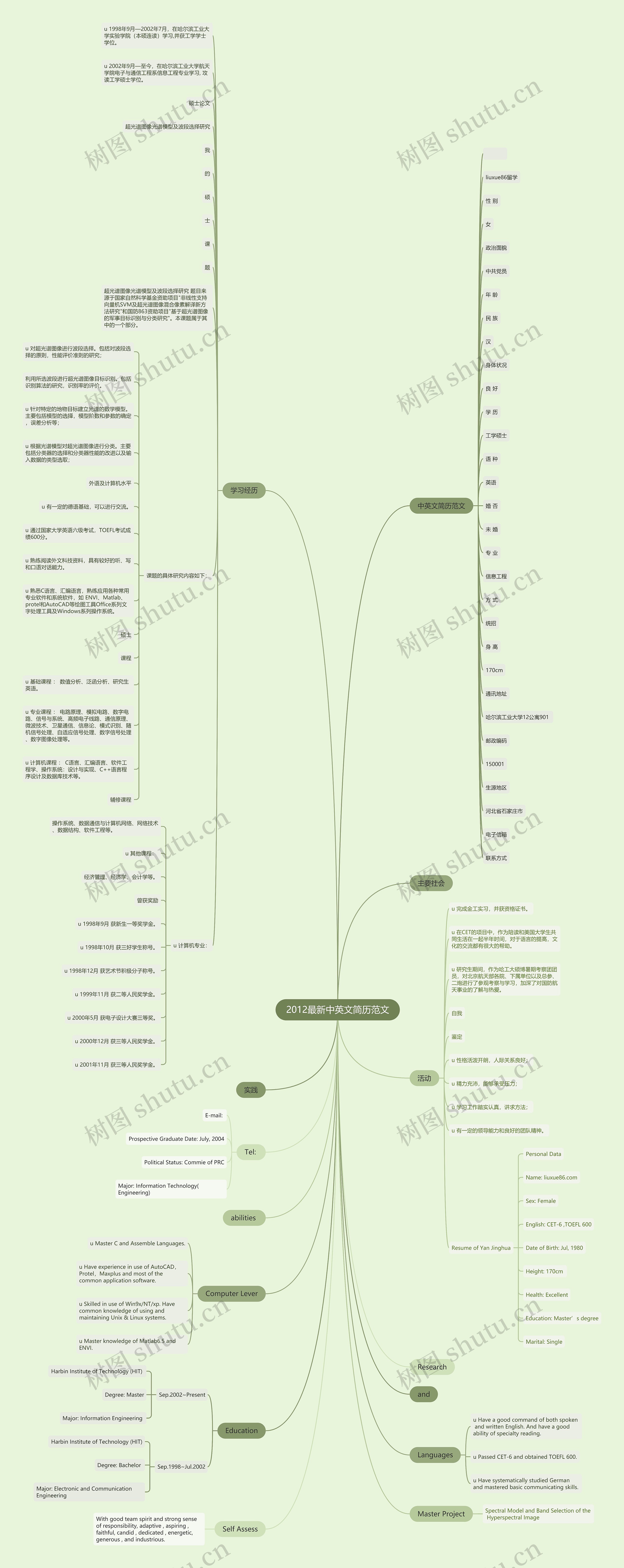 2012最新中英文简历范文思维导图