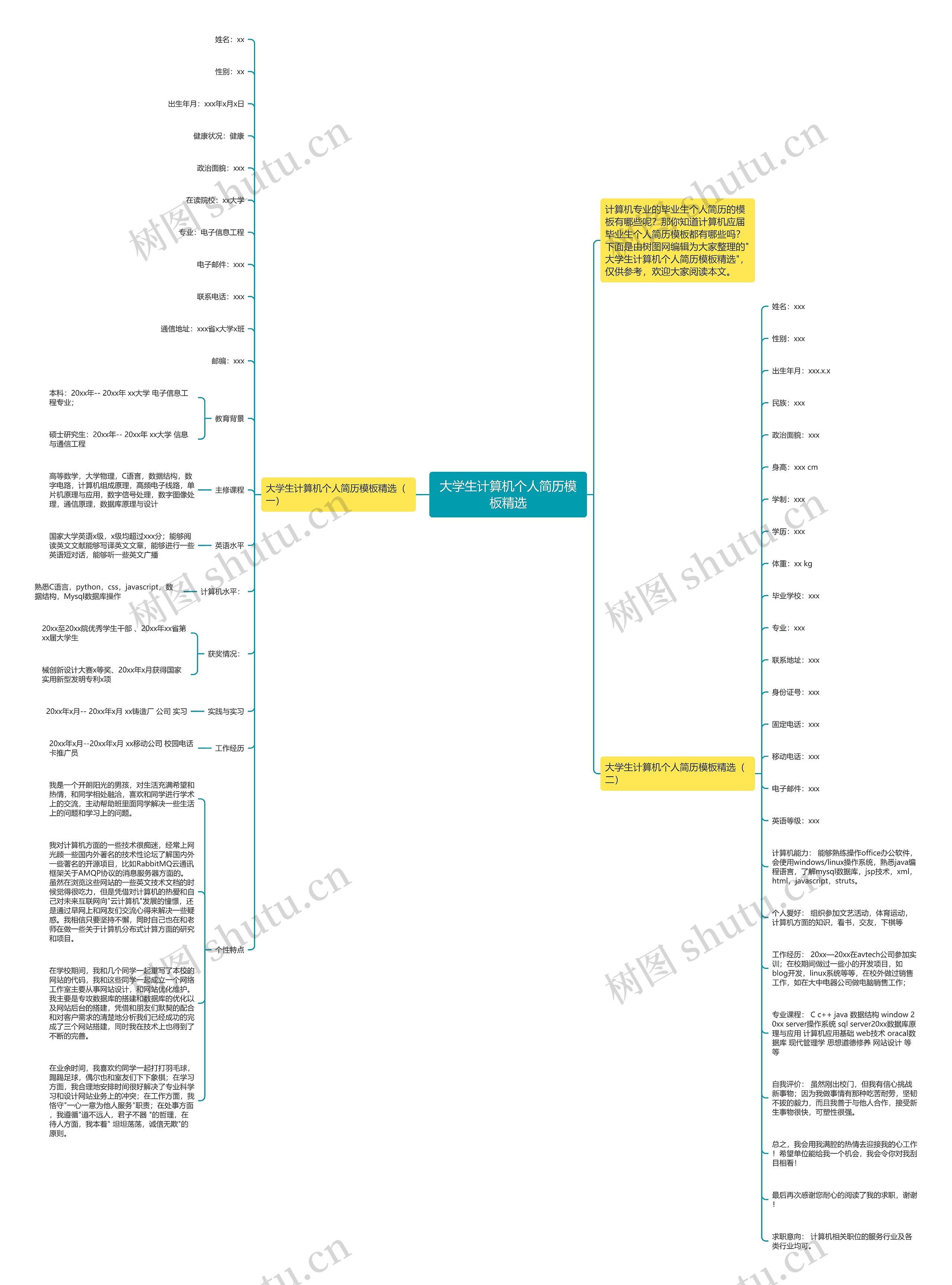 大学生计算机个人简历精选思维导图