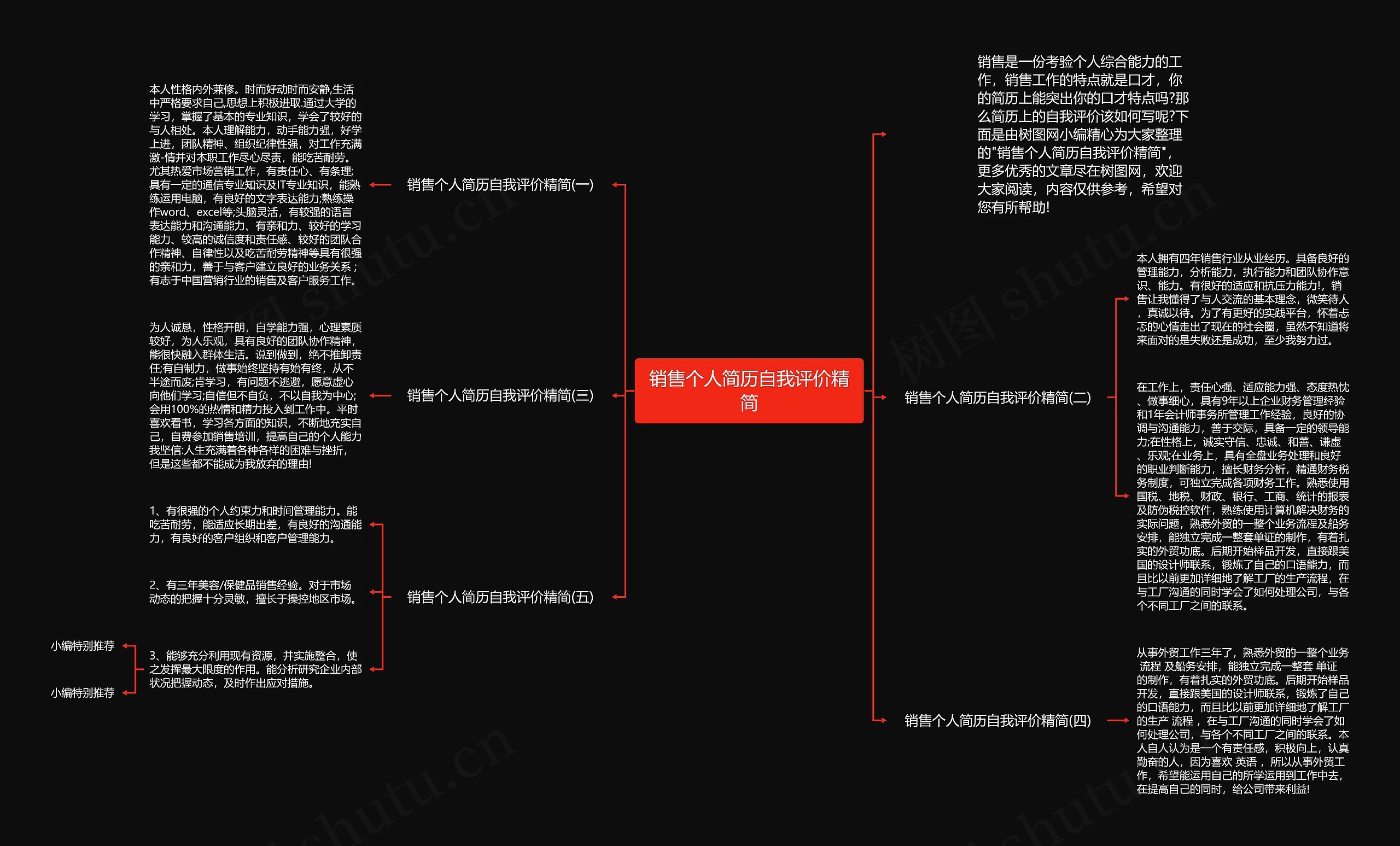 销售个人简历自我评价精简思维导图