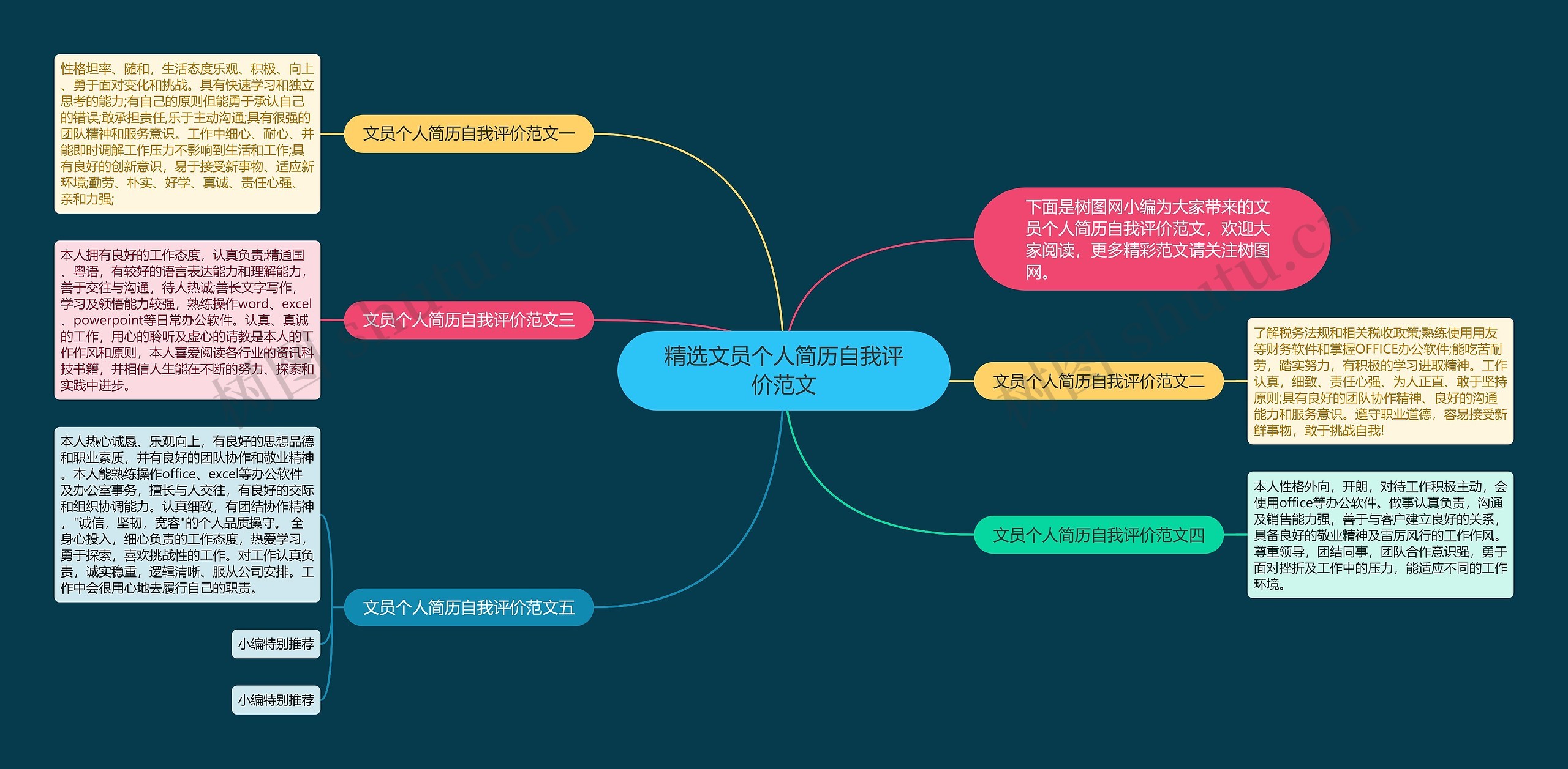 精选文员个人简历自我评价范文思维导图