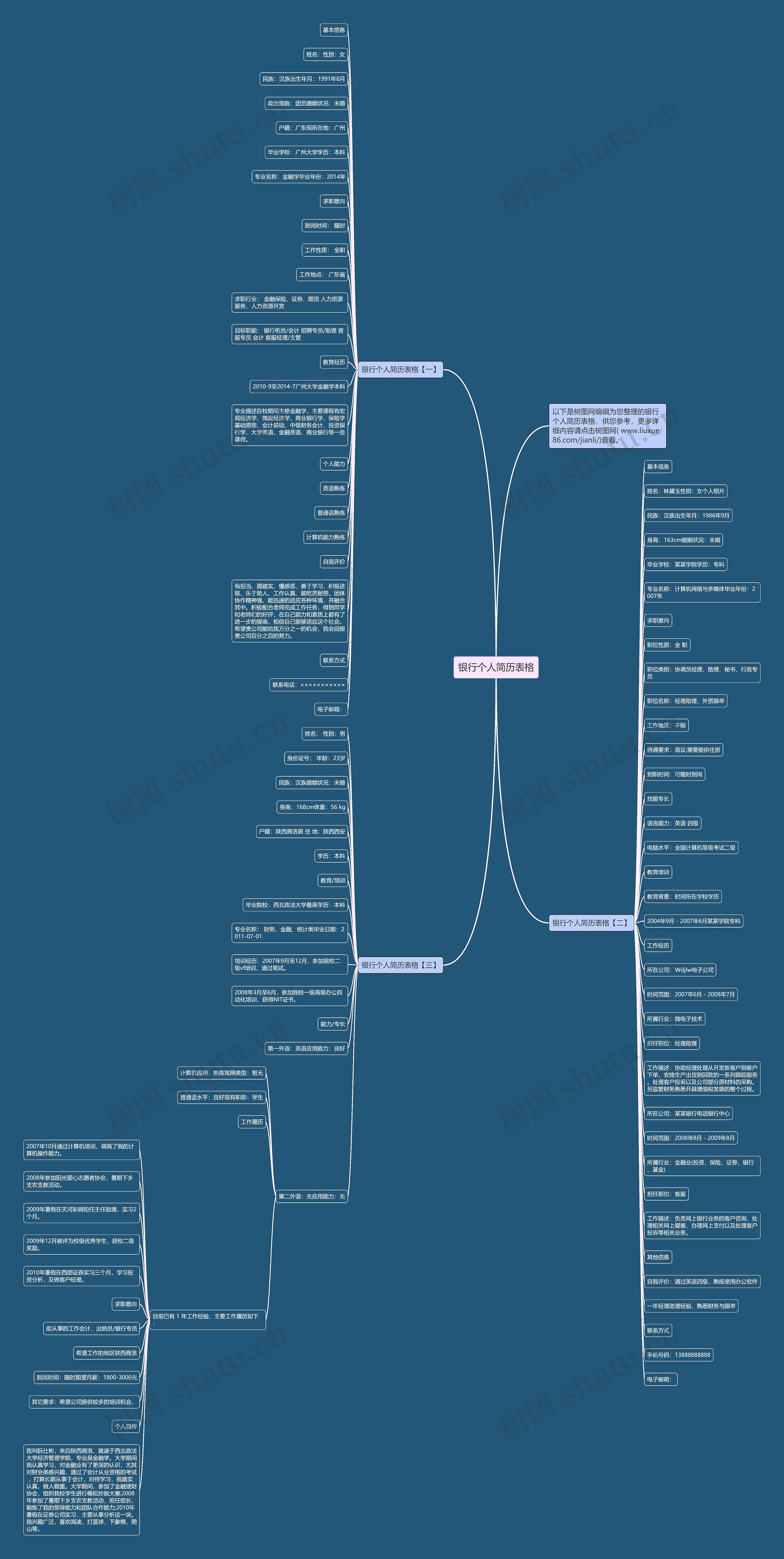 银行个人简历表格思维导图