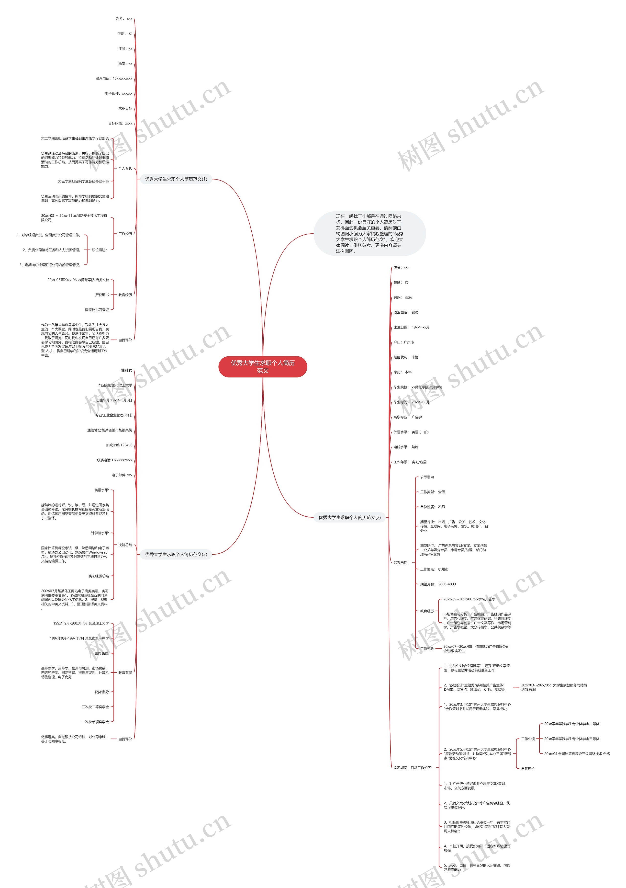 优秀大学生求职个人简历范文思维导图