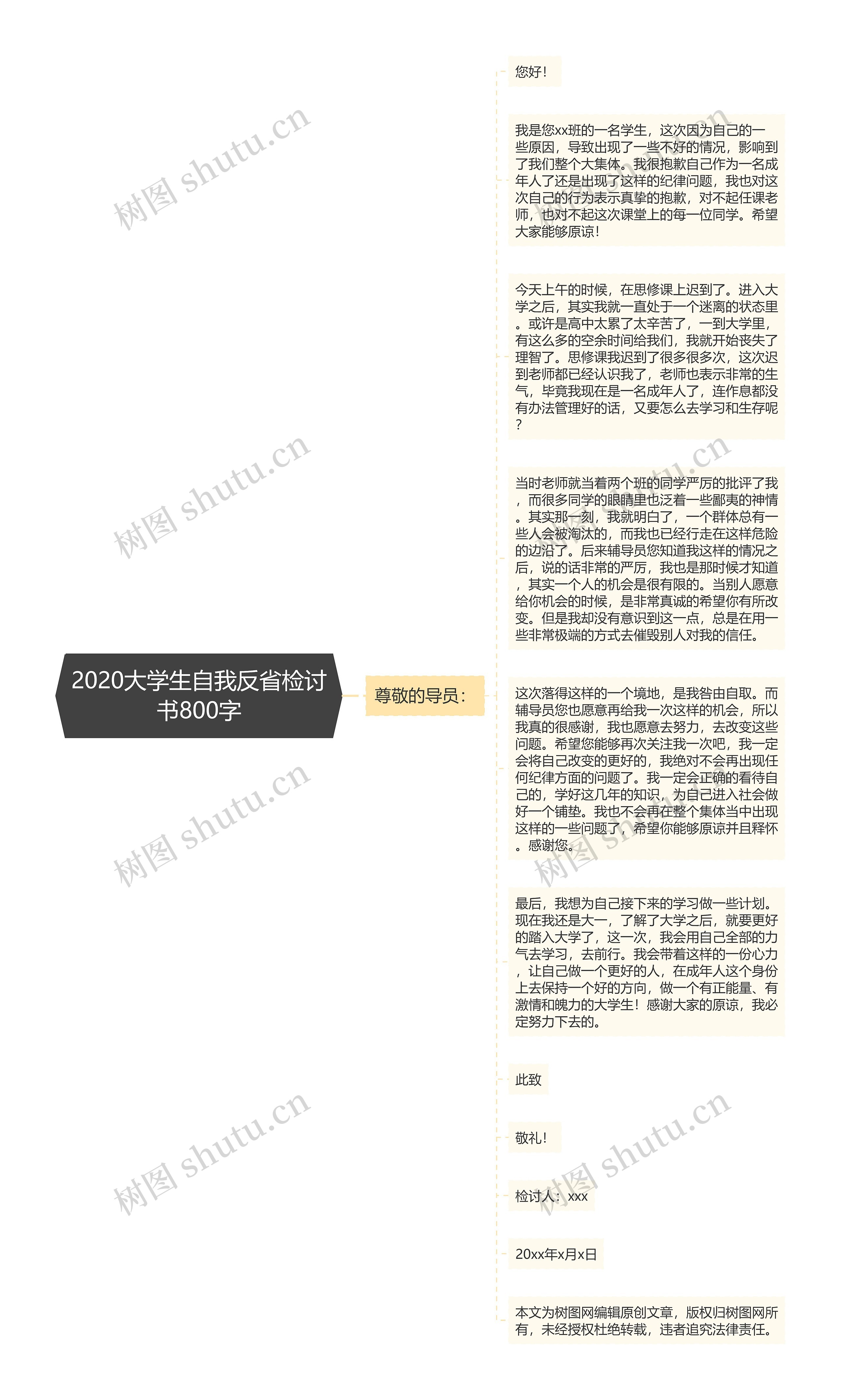 2020大学生自我反省检讨书800字思维导图