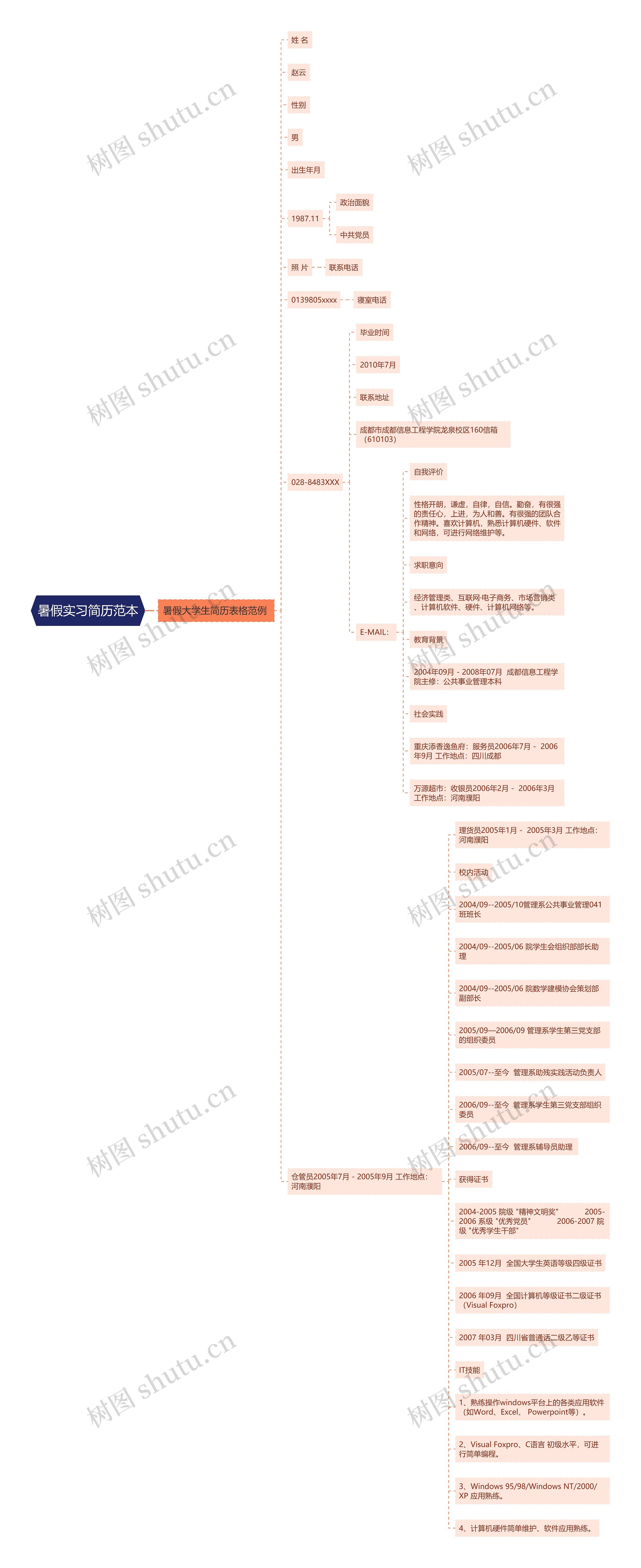 暑假实习简历范本思维导图