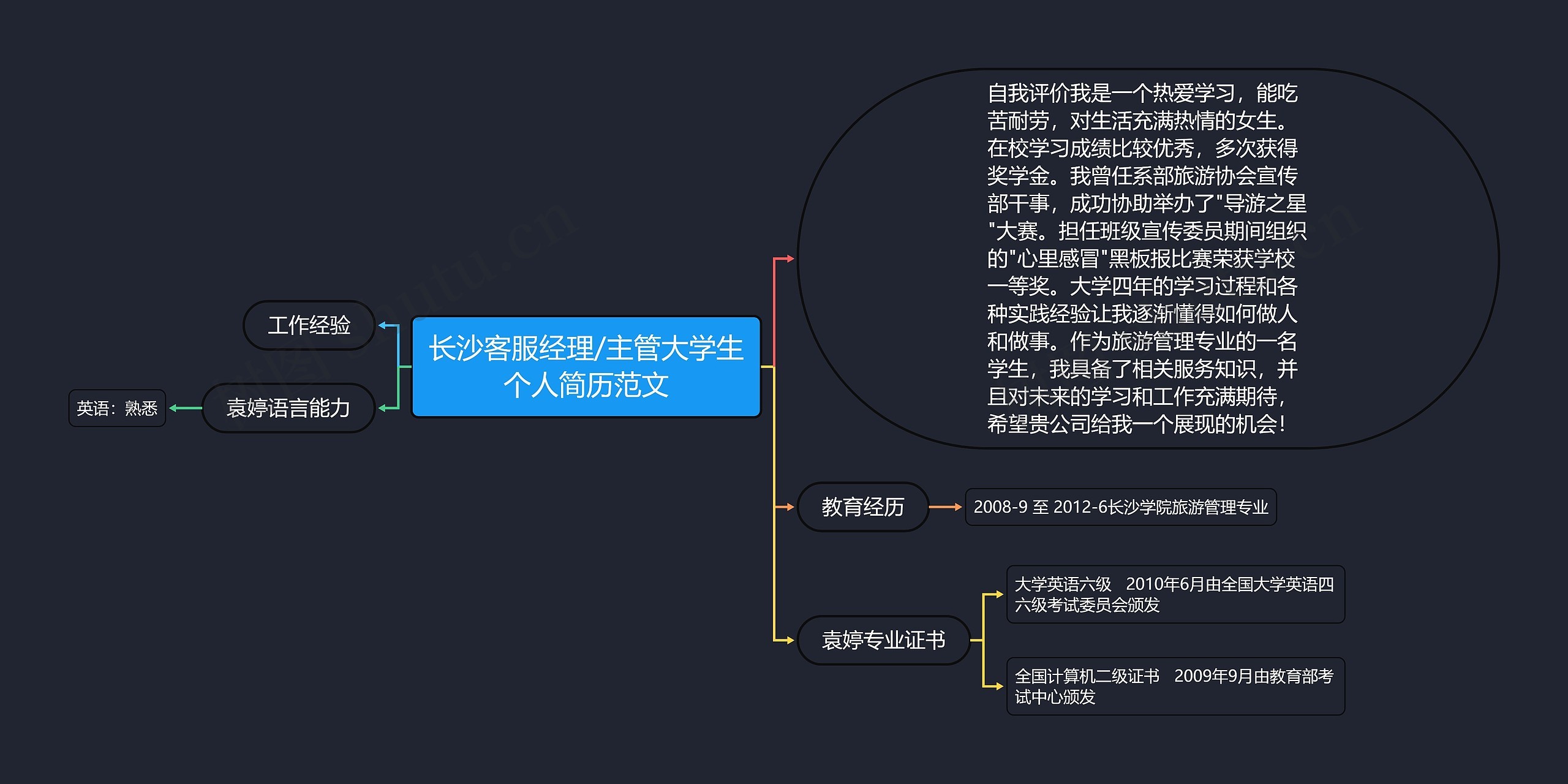 长沙客服经理/主管大学生个人简历范文思维导图