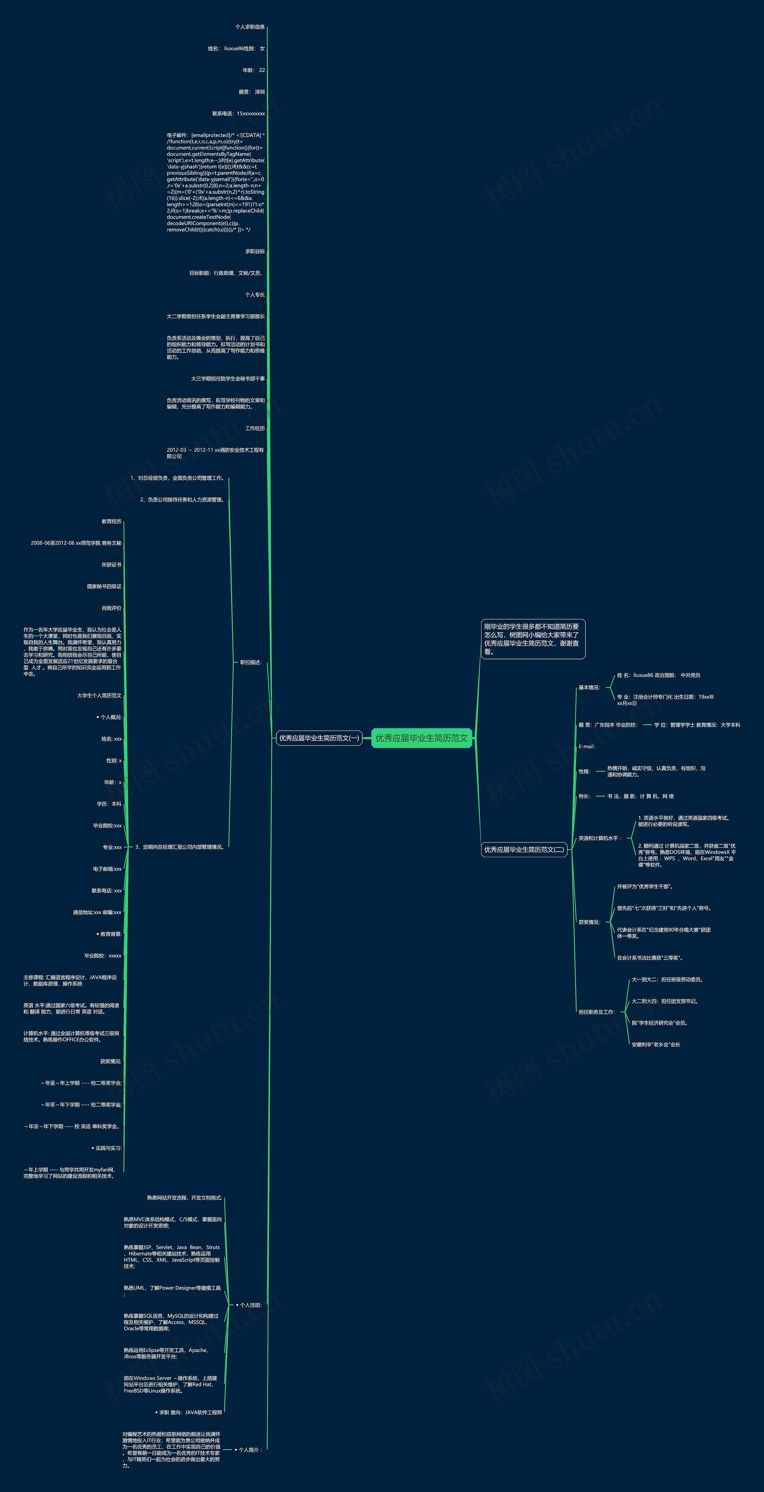 优秀应届毕业生简历范文思维导图