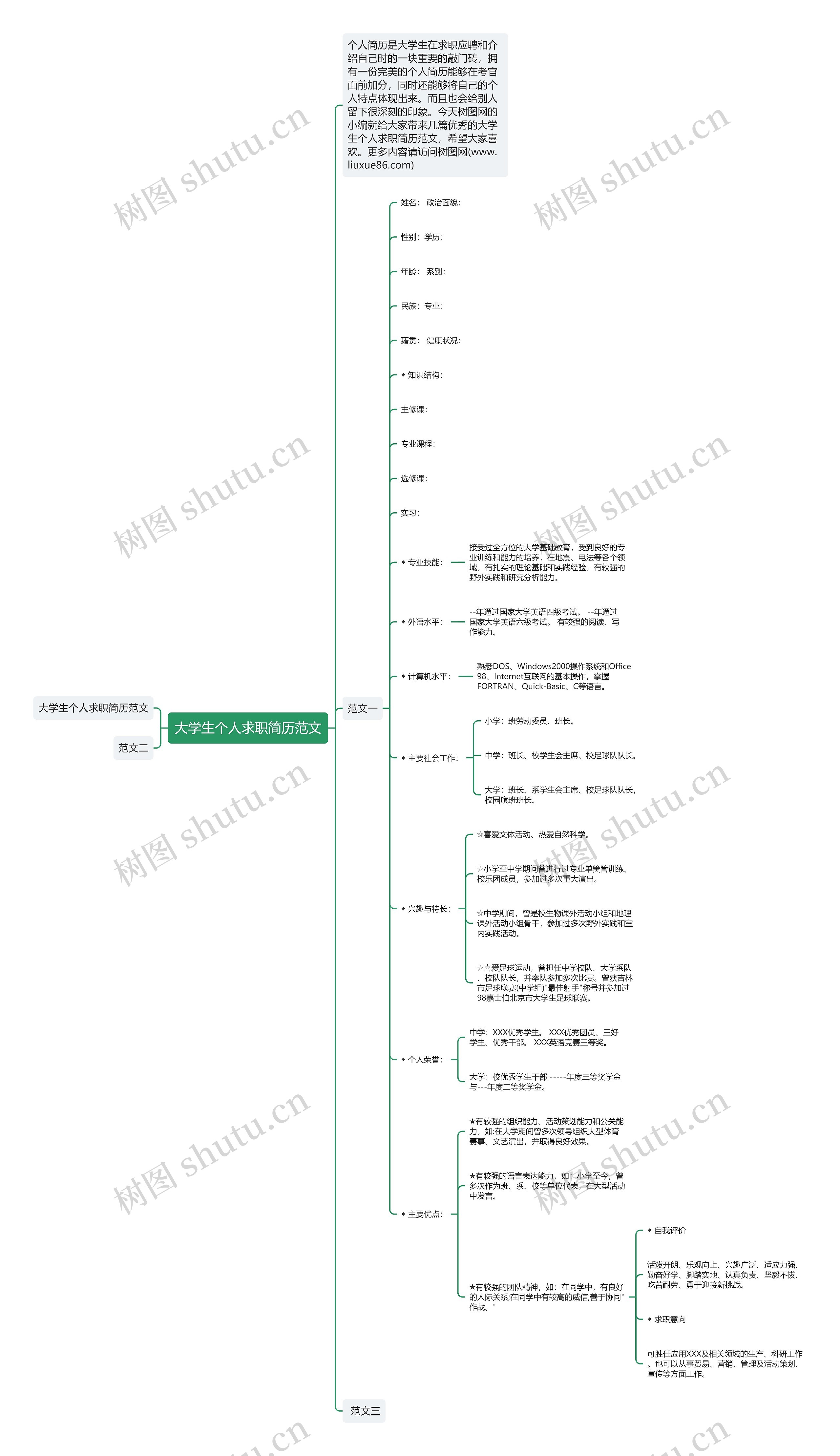大学生个人求职简历范文思维导图