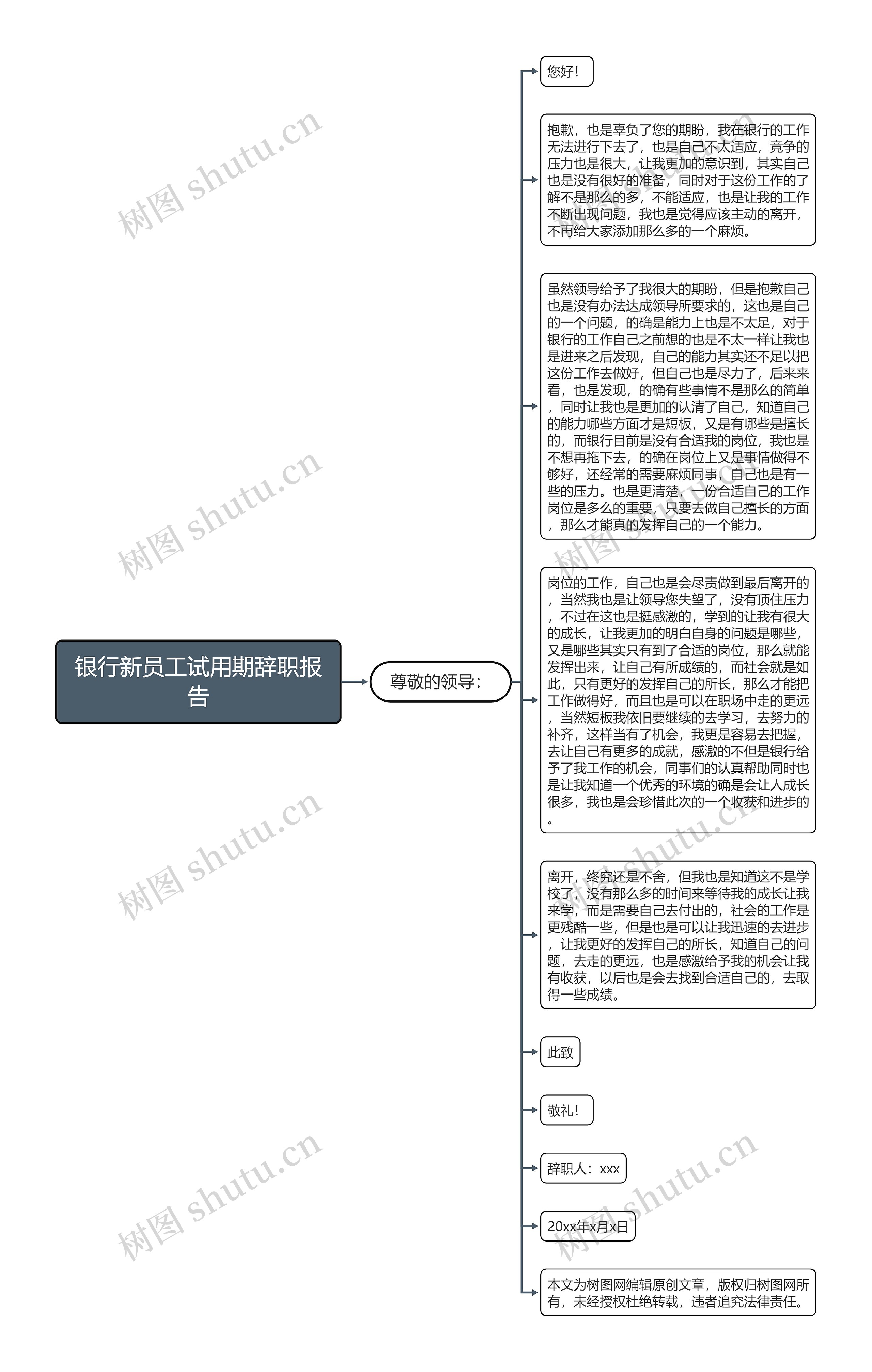 银行新员工试用期辞职报告思维导图