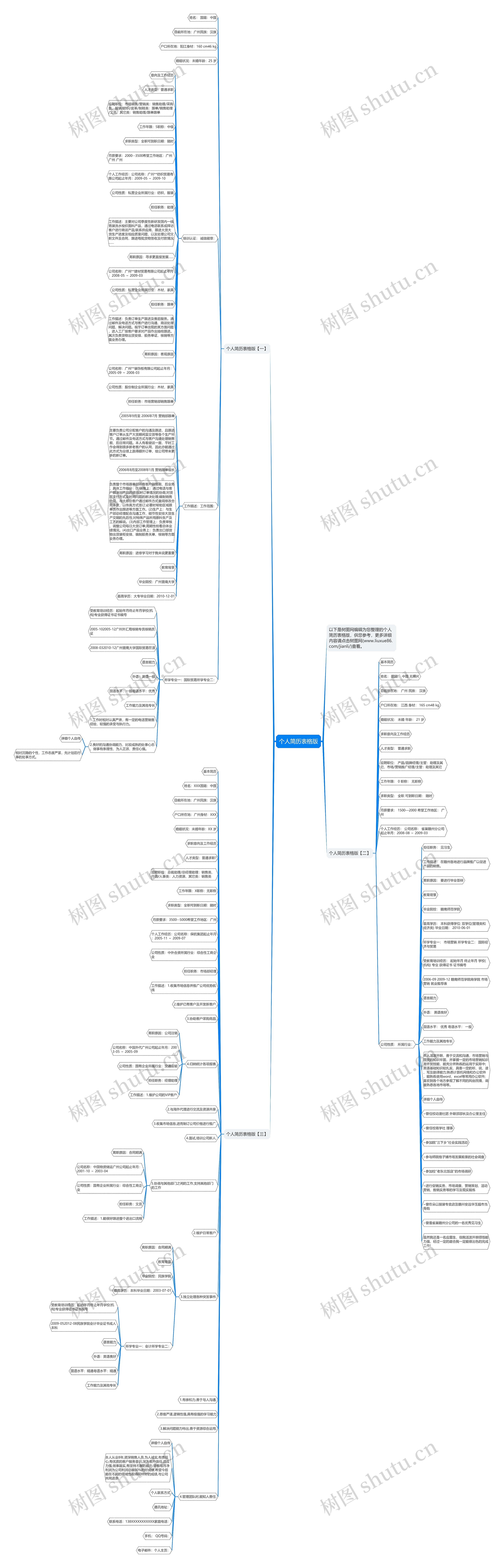 个人简历表格版思维导图