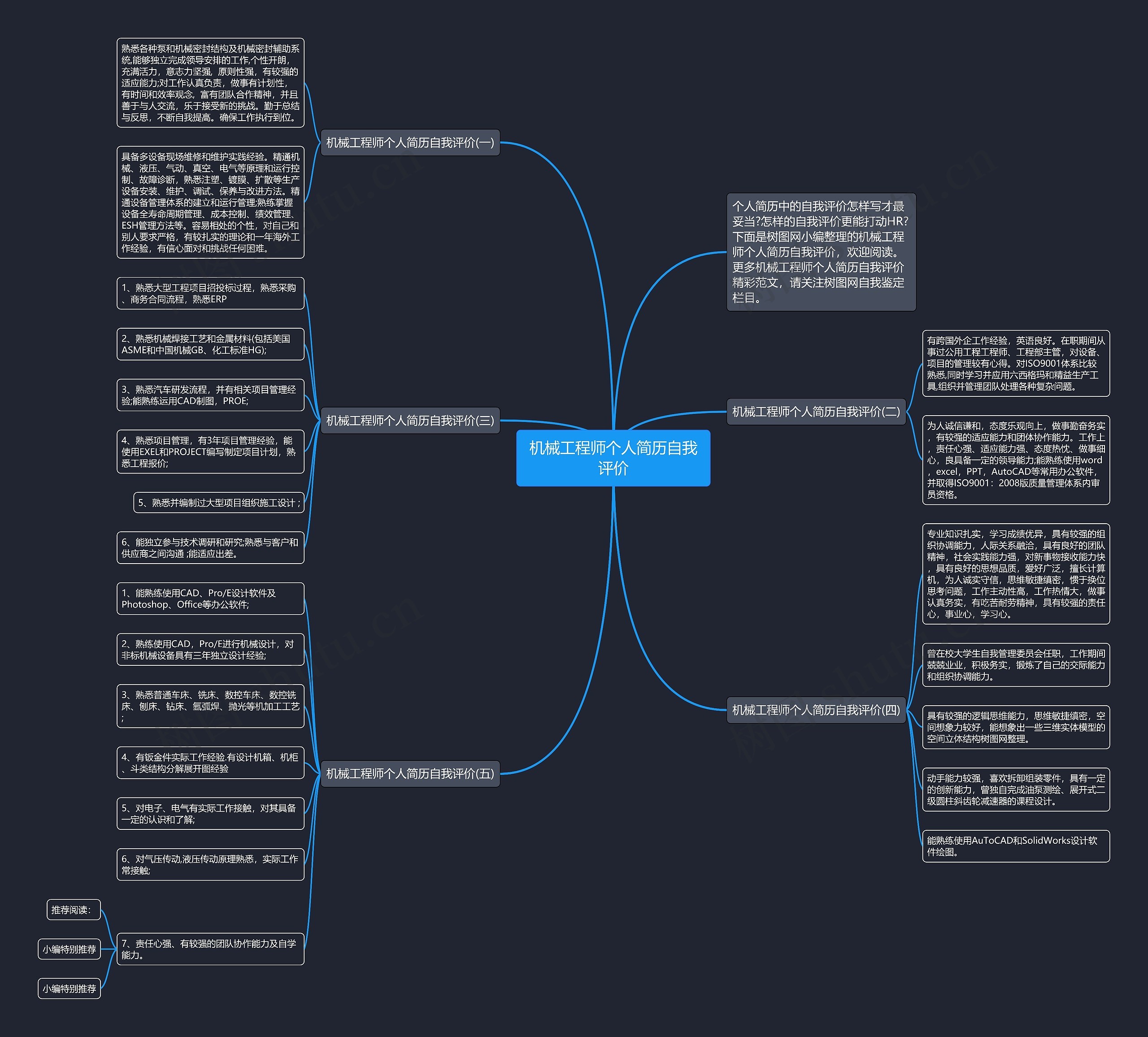 机械工程师个人简历自我评价思维导图