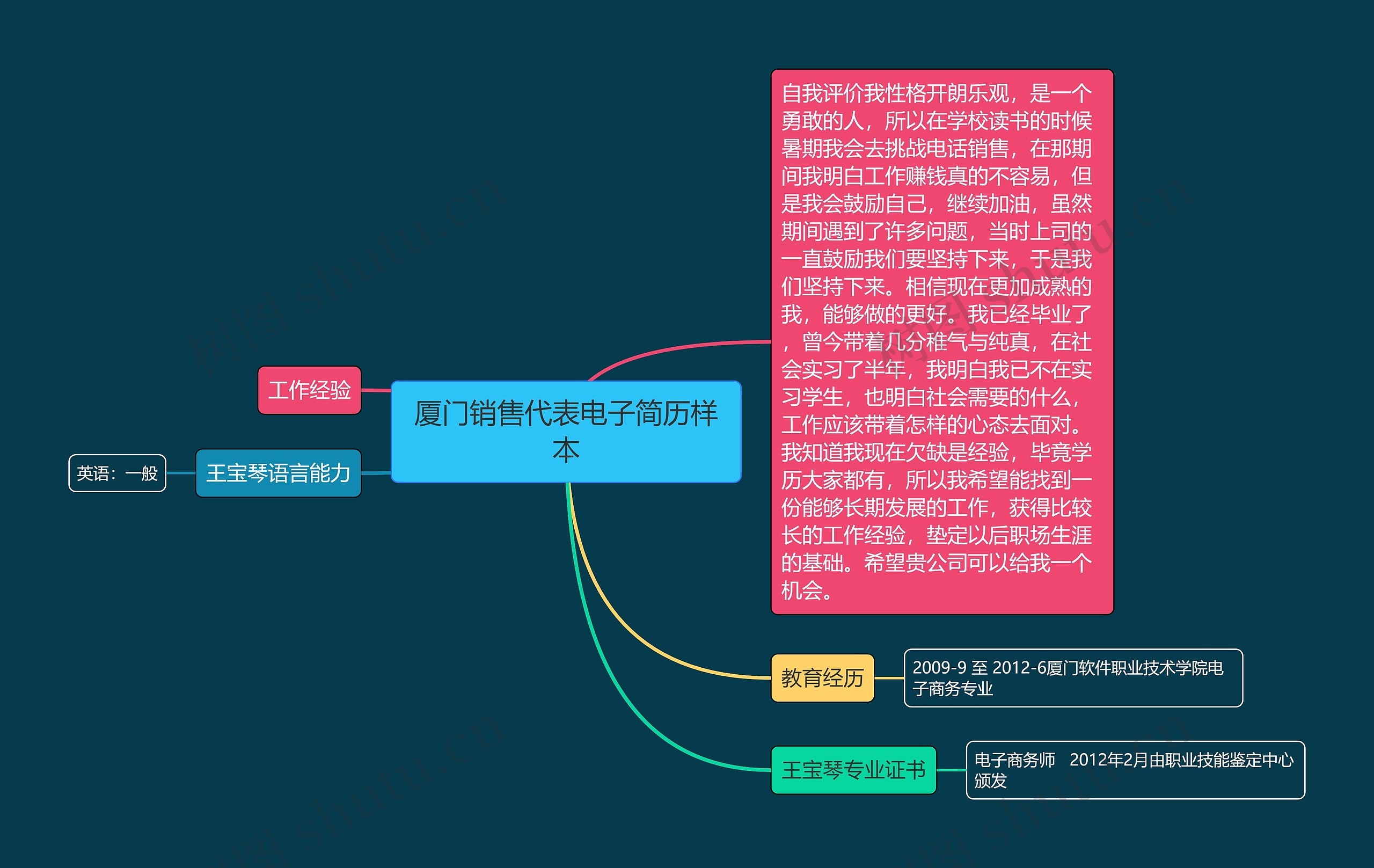 厦门销售代表电子简历样本思维导图