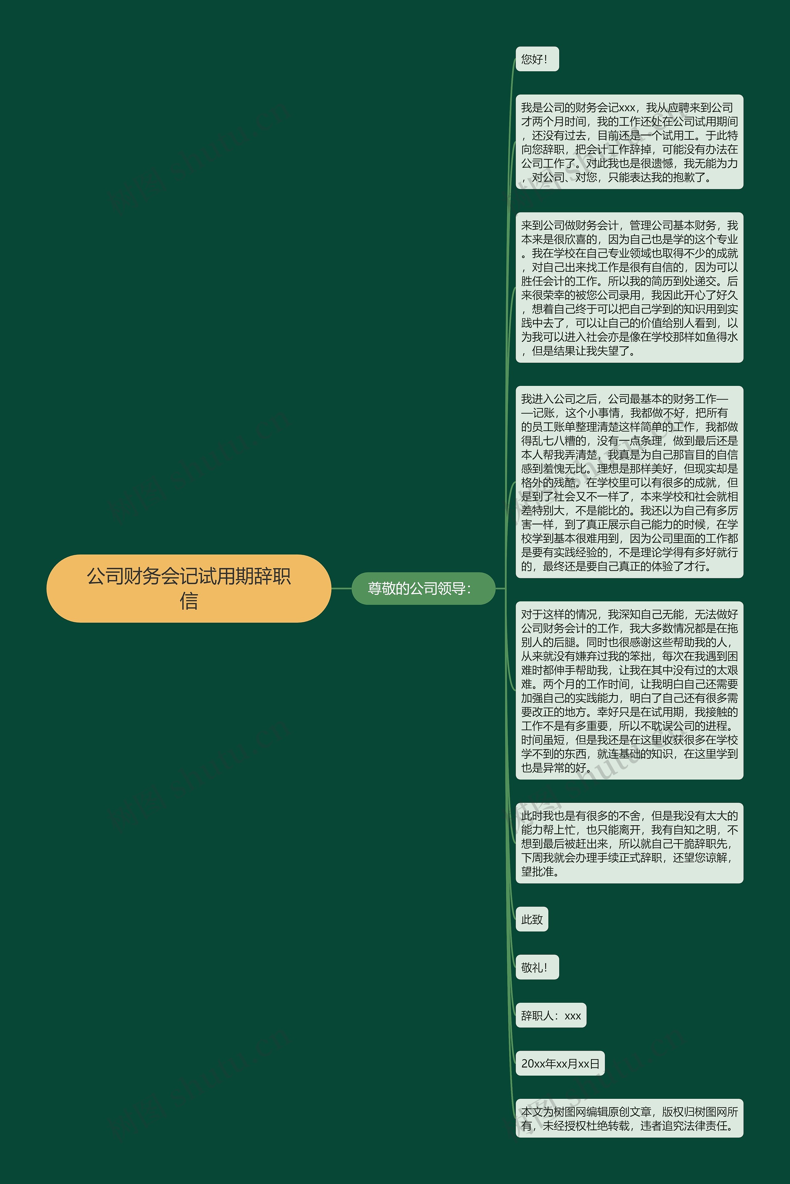 公司财务会记试用期辞职信思维导图