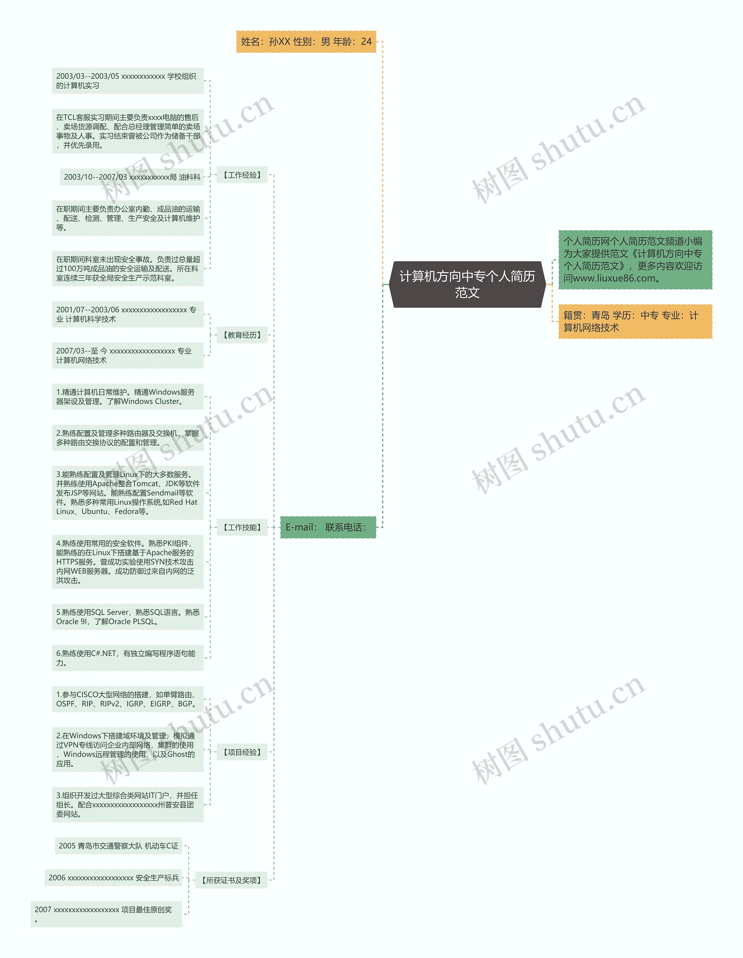 计算机方向中专个人简历范文思维导图