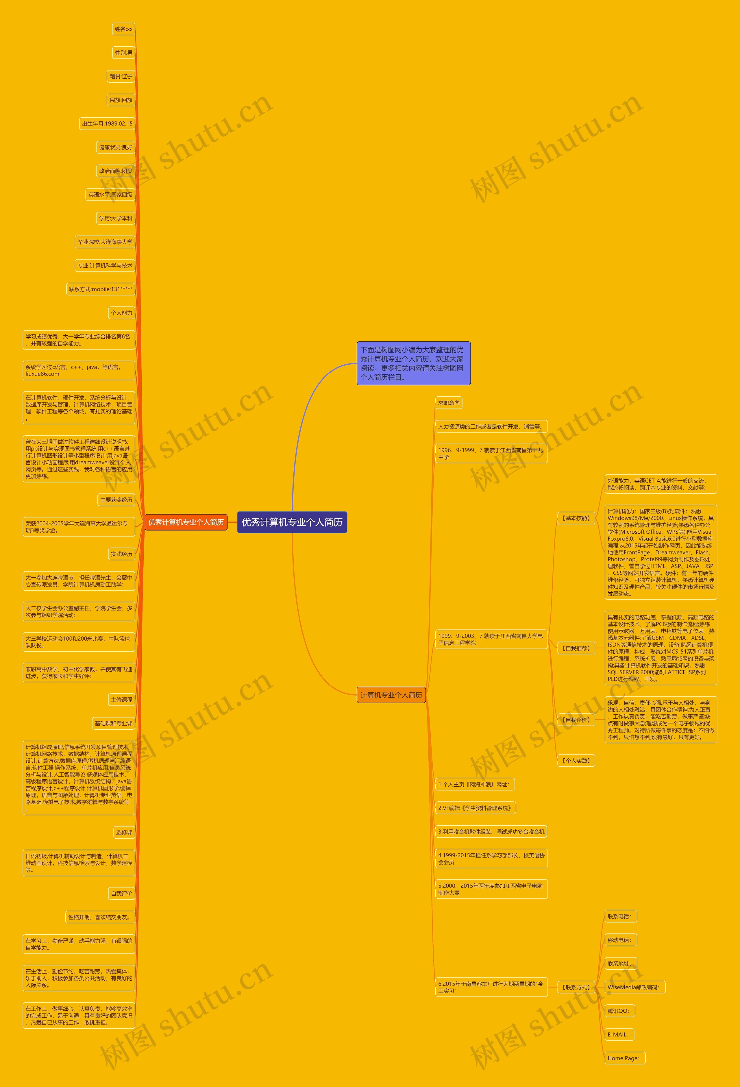 优秀计算机专业个人简历思维导图
