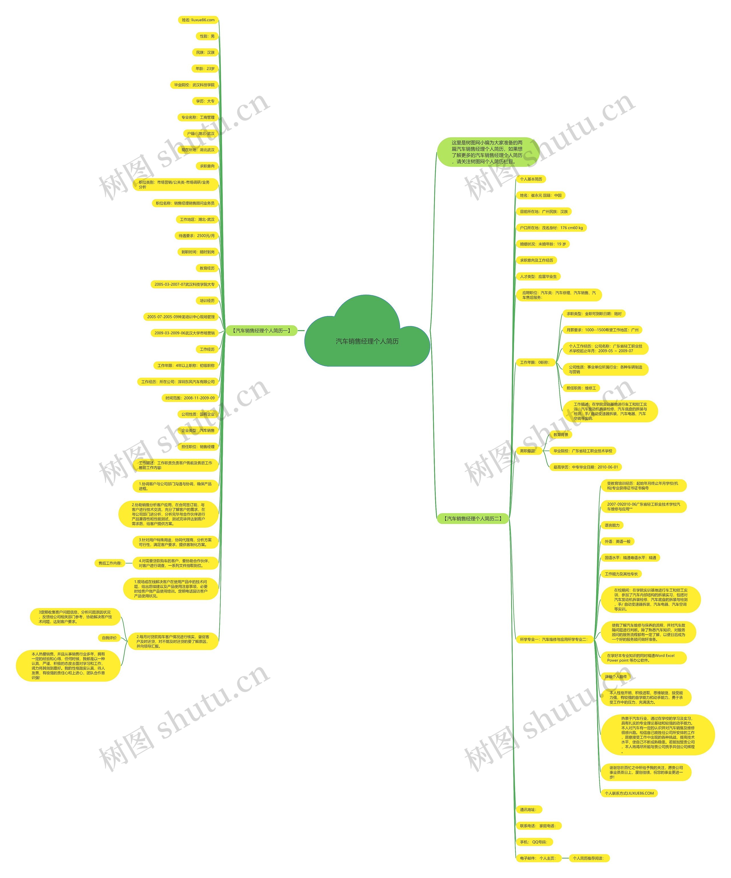 汽车销售经理个人简历思维导图