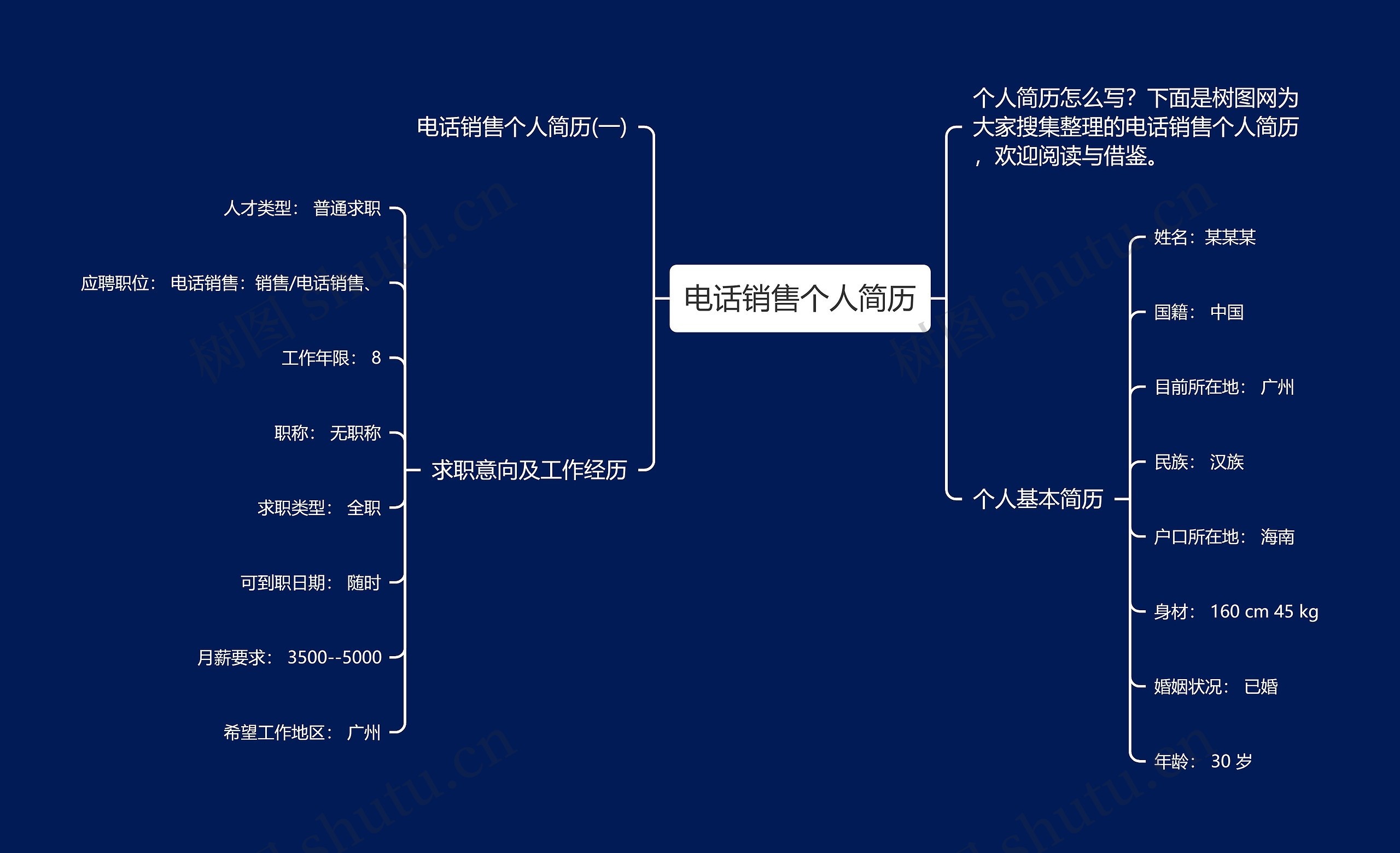 电话销售个人简历思维导图