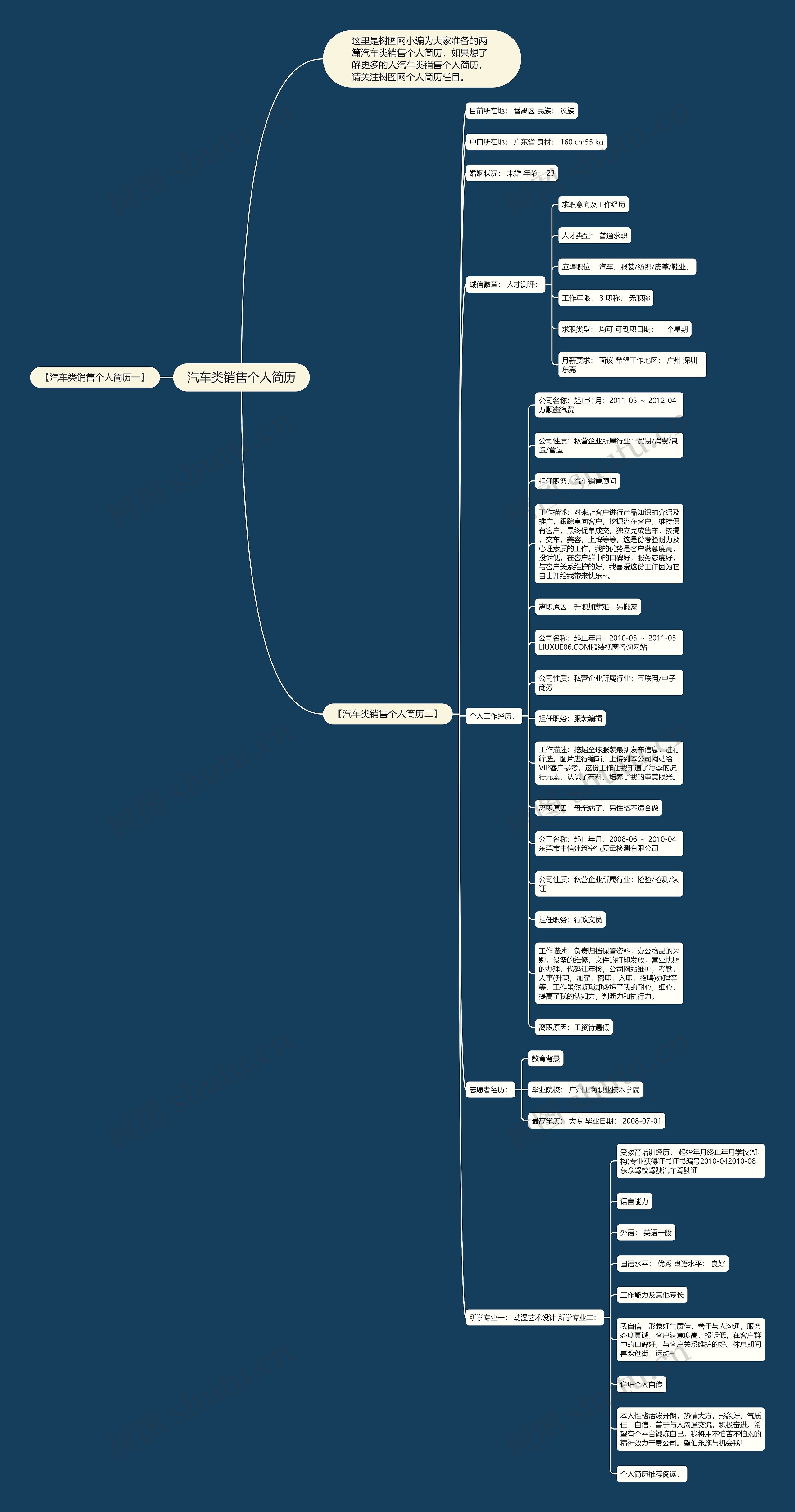 汽车类销售个人简历思维导图