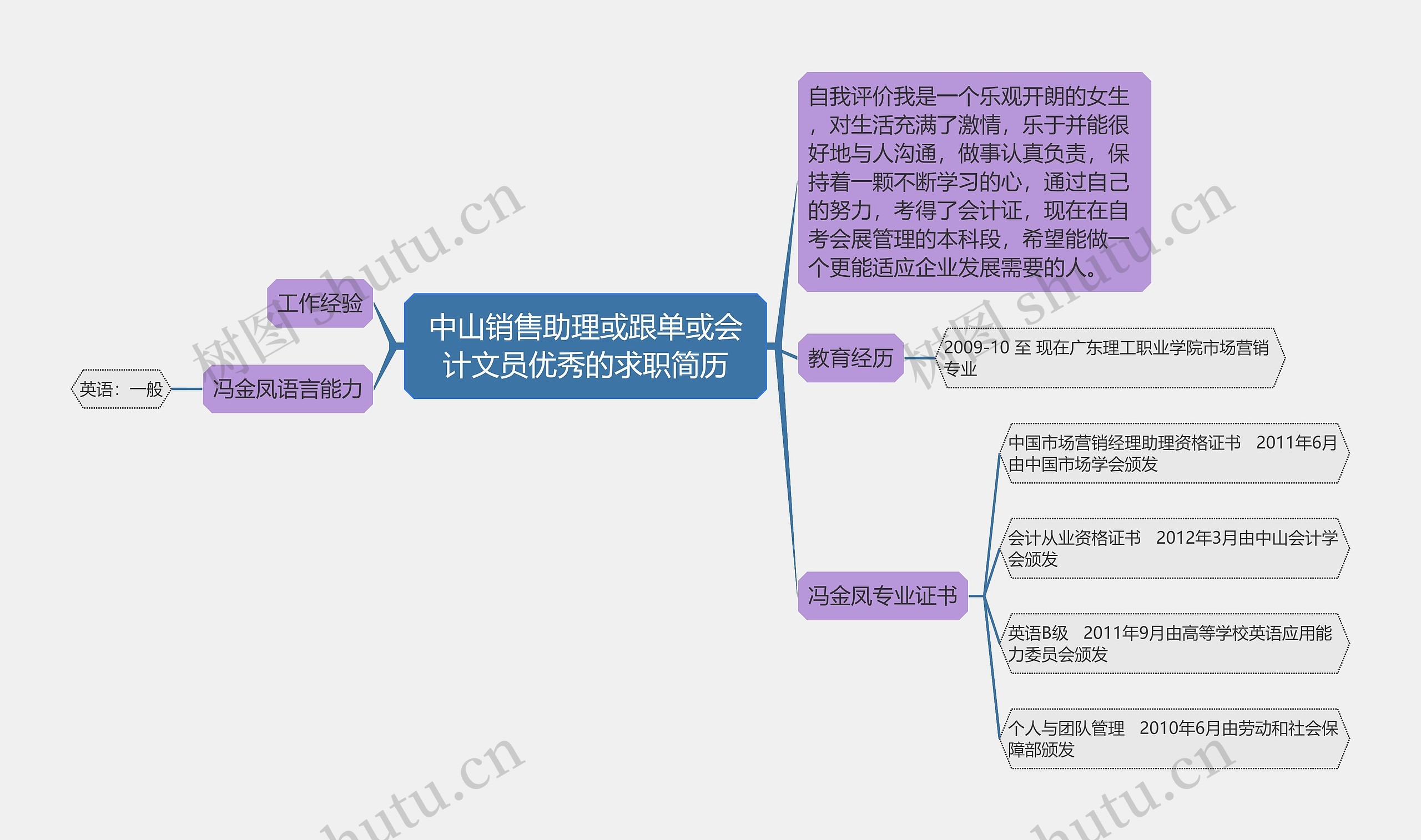 中山销售助理或跟单或会计文员优秀的求职简历思维导图