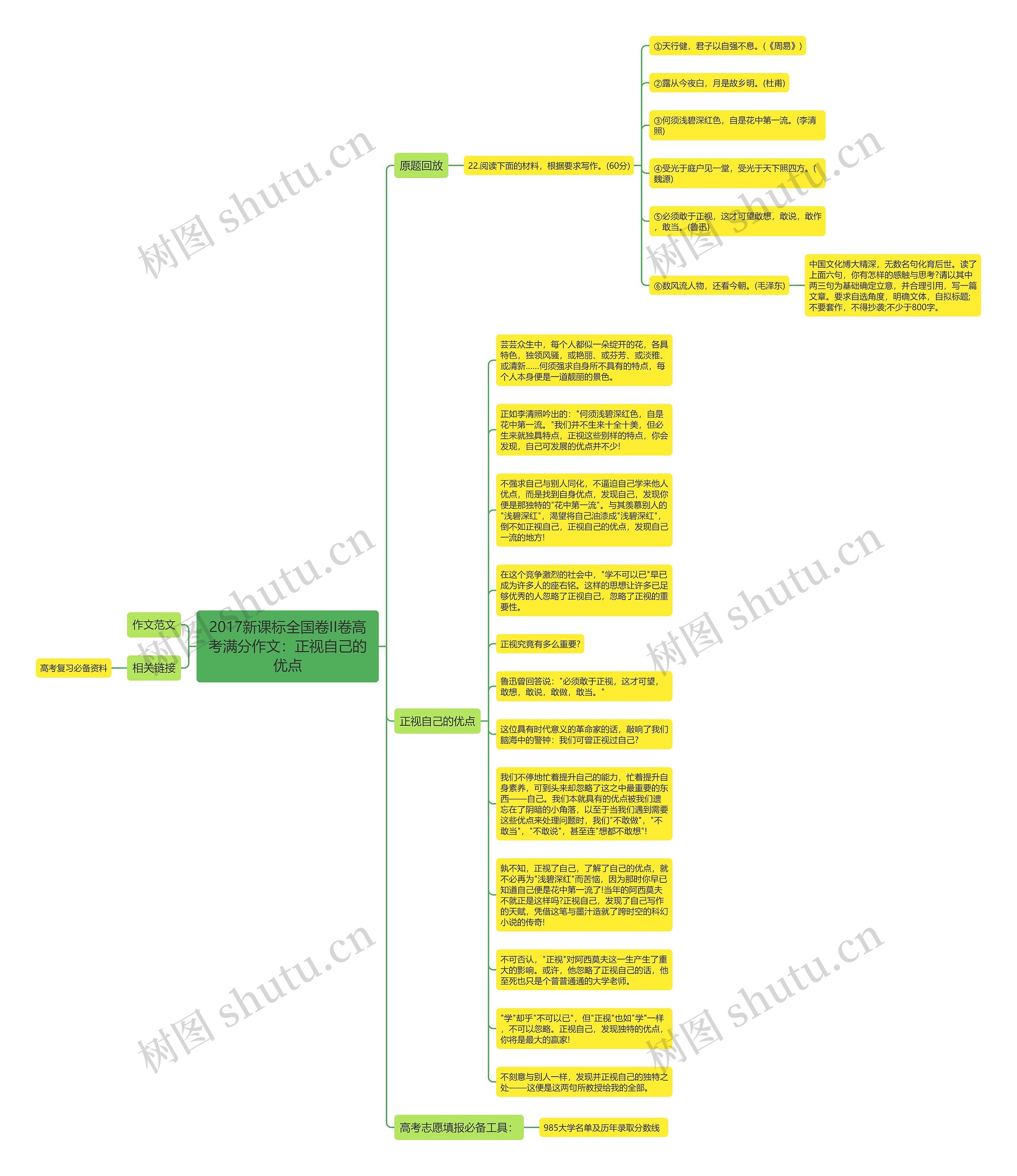 2017新课标全国卷II卷高考满分作文：正视自己的优点思维导图
