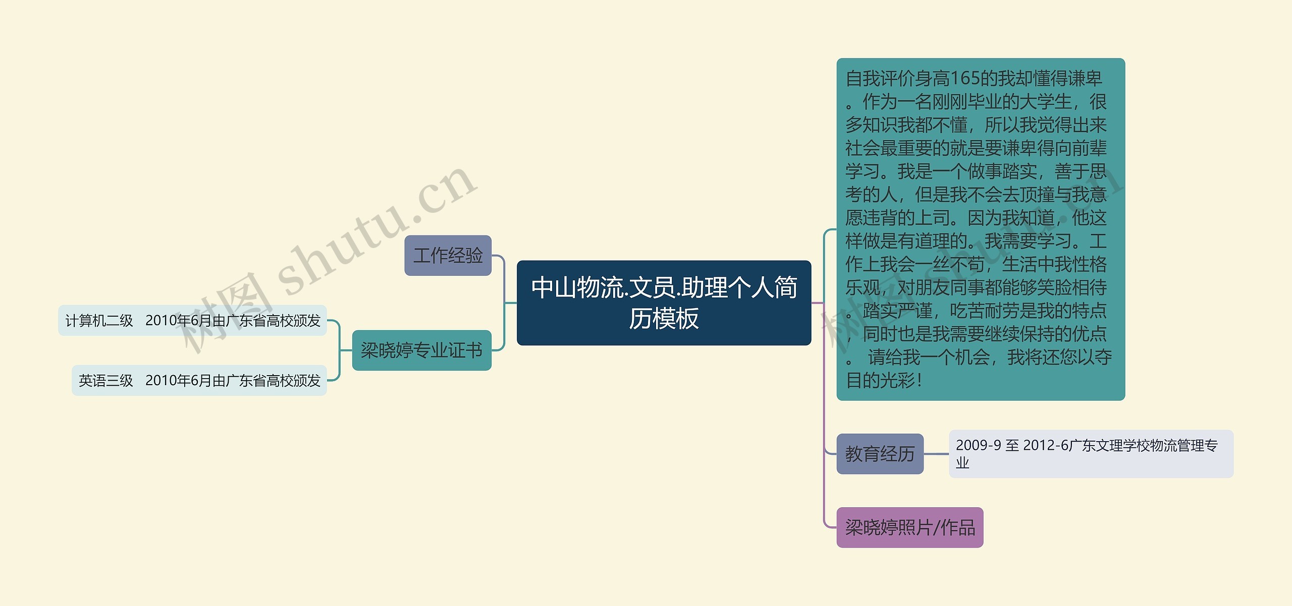 中山物流.文员.助理个人简历思维导图