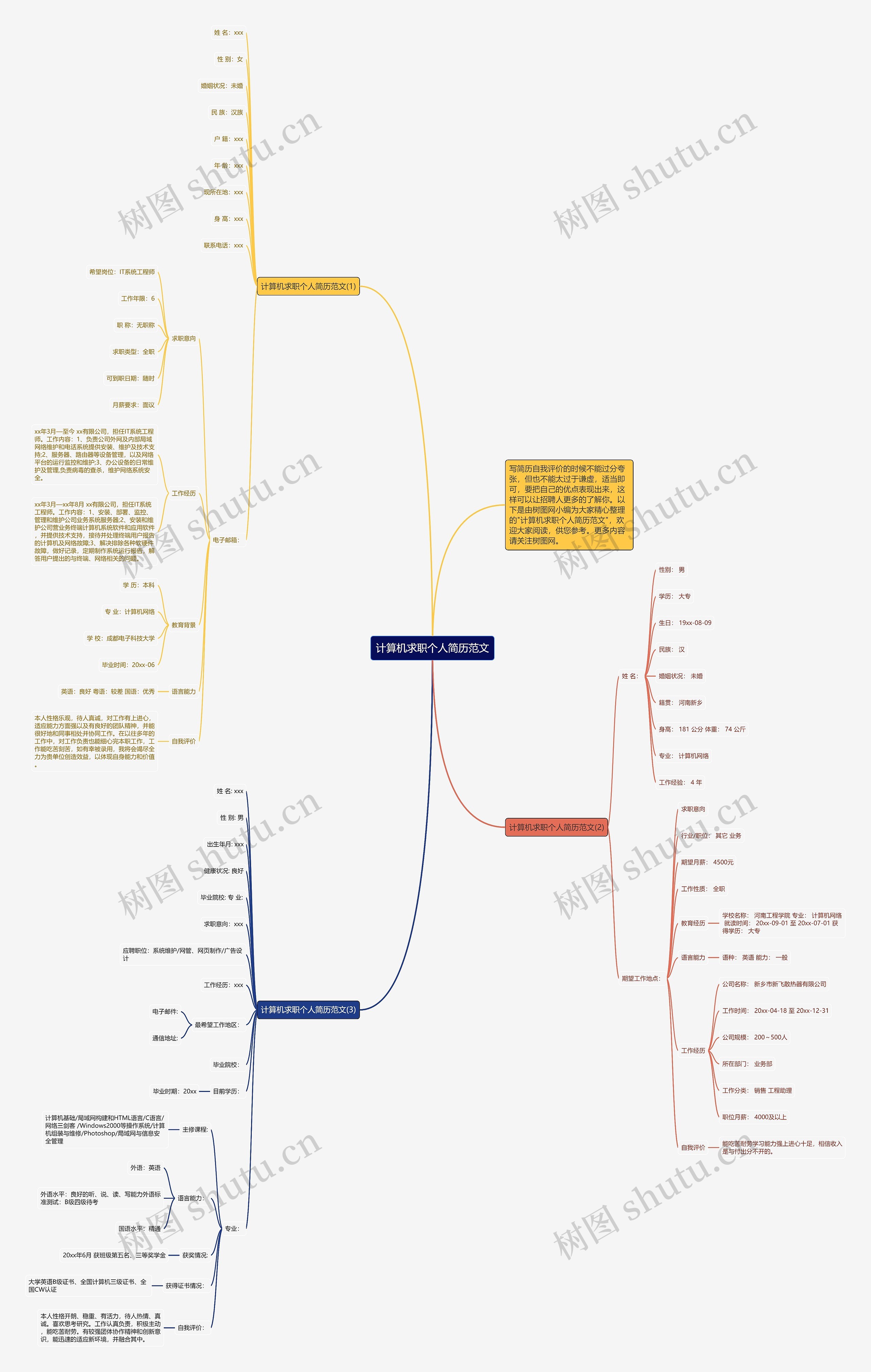 计算机求职个人简历范文思维导图