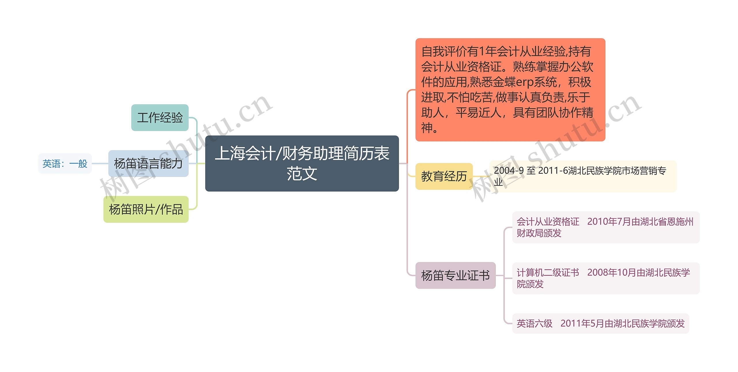 上海会计/财务助理简历表范文思维导图