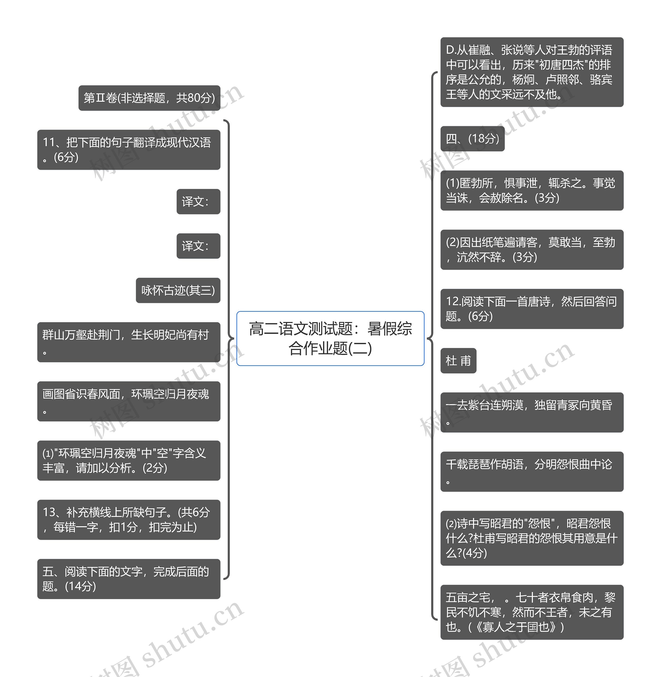 高二语文测试题：暑假综合作业题(二)思维导图