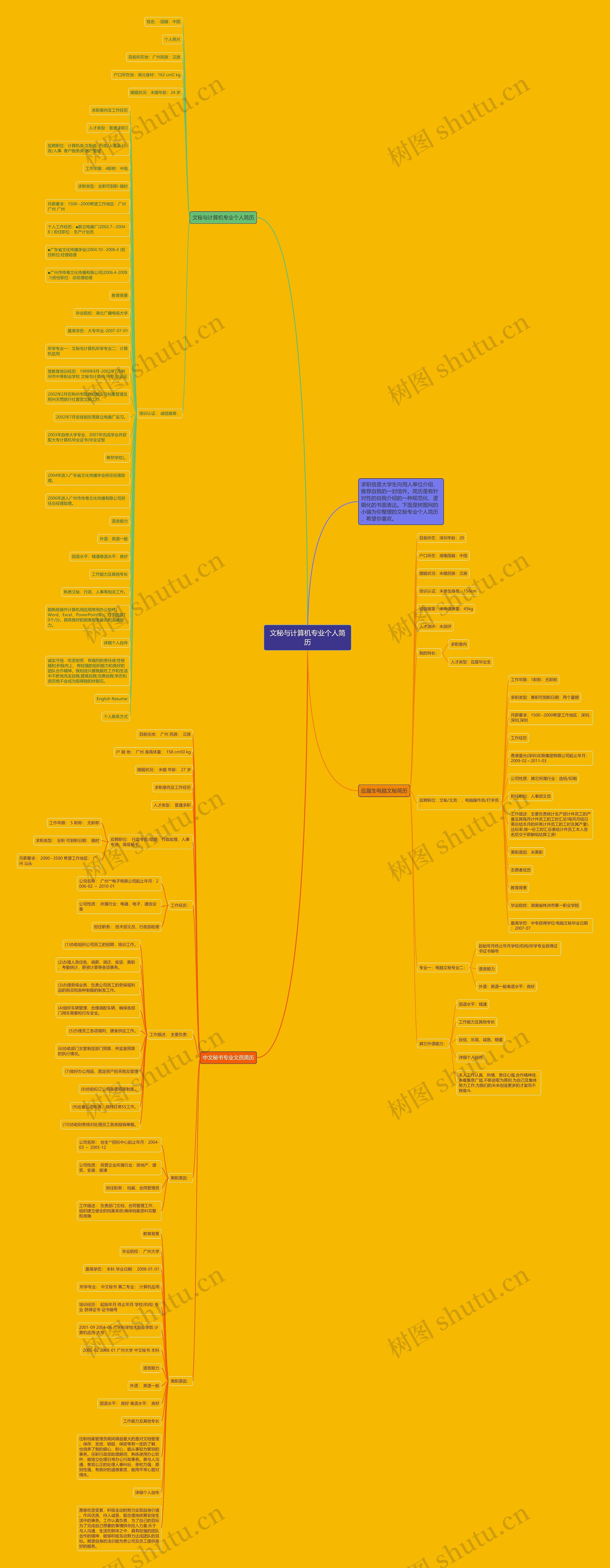 文秘与计算机专业个人简历思维导图