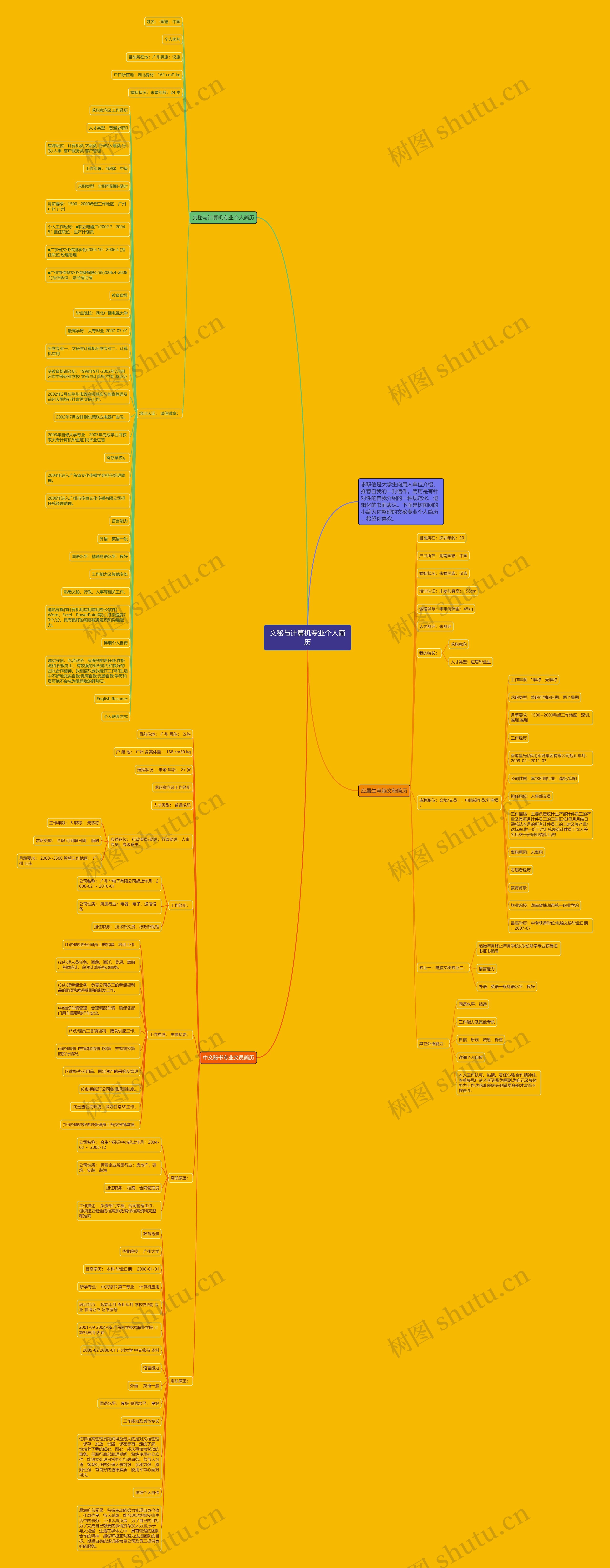 文秘与计算机专业个人简历思维导图高清图 文秘与计算机专业个人简历思维导图