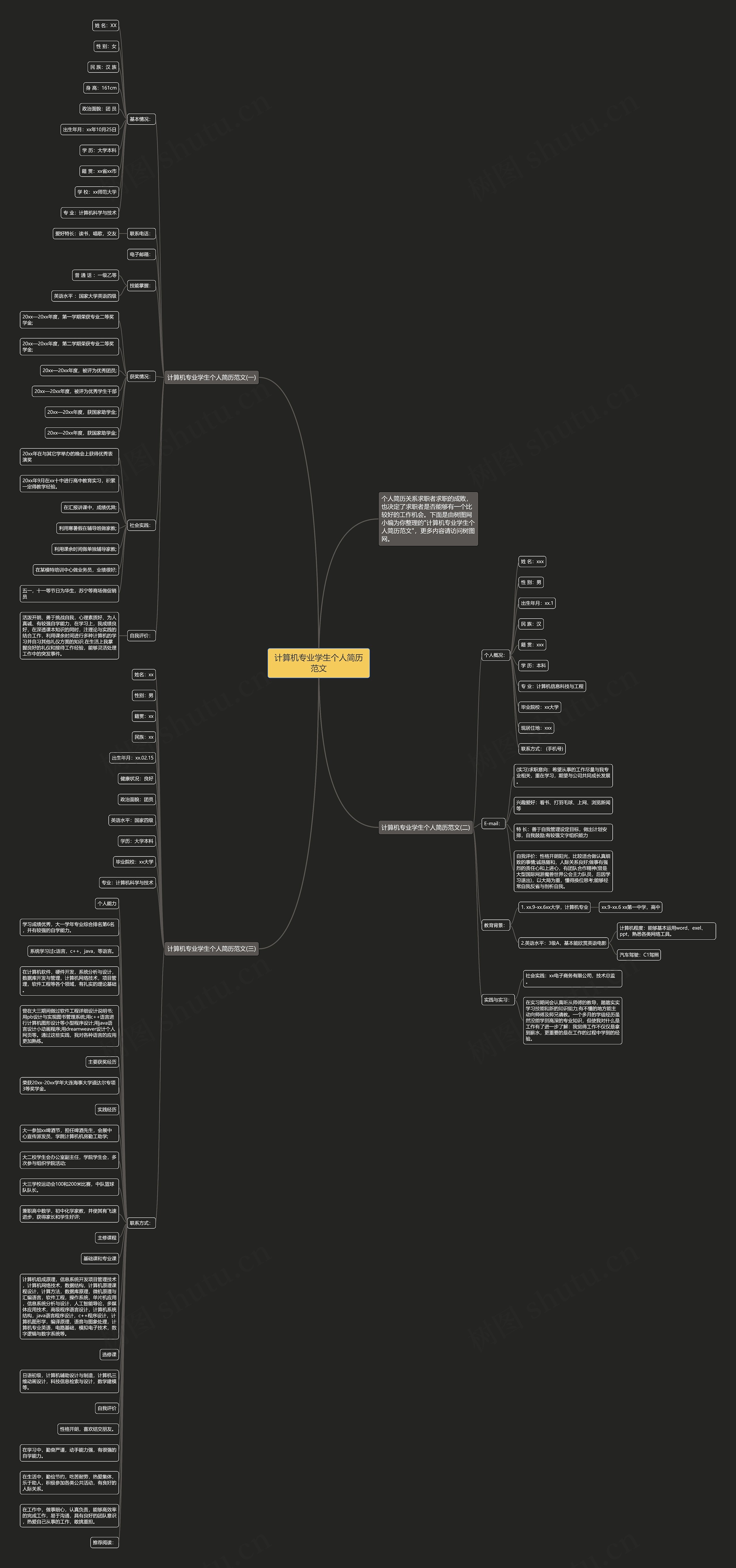 计算机专业学生个人简历范文思维导图