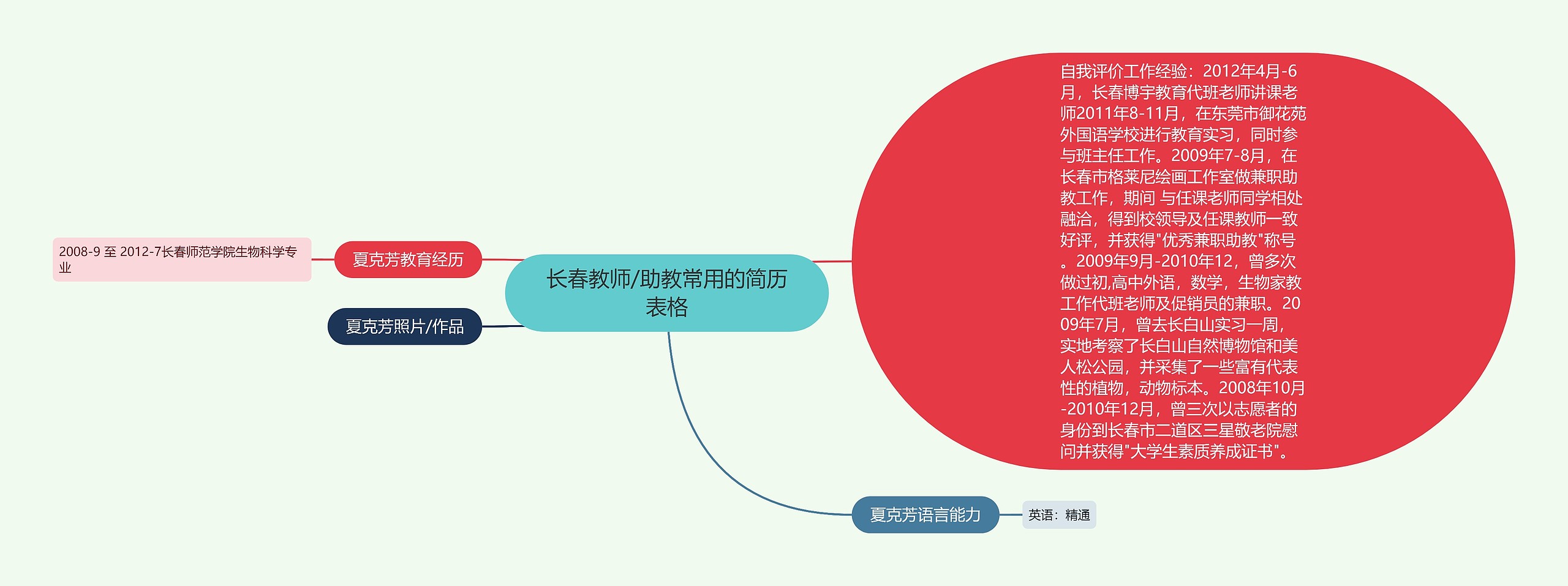 长春教师/助教常用的简历表格思维导图