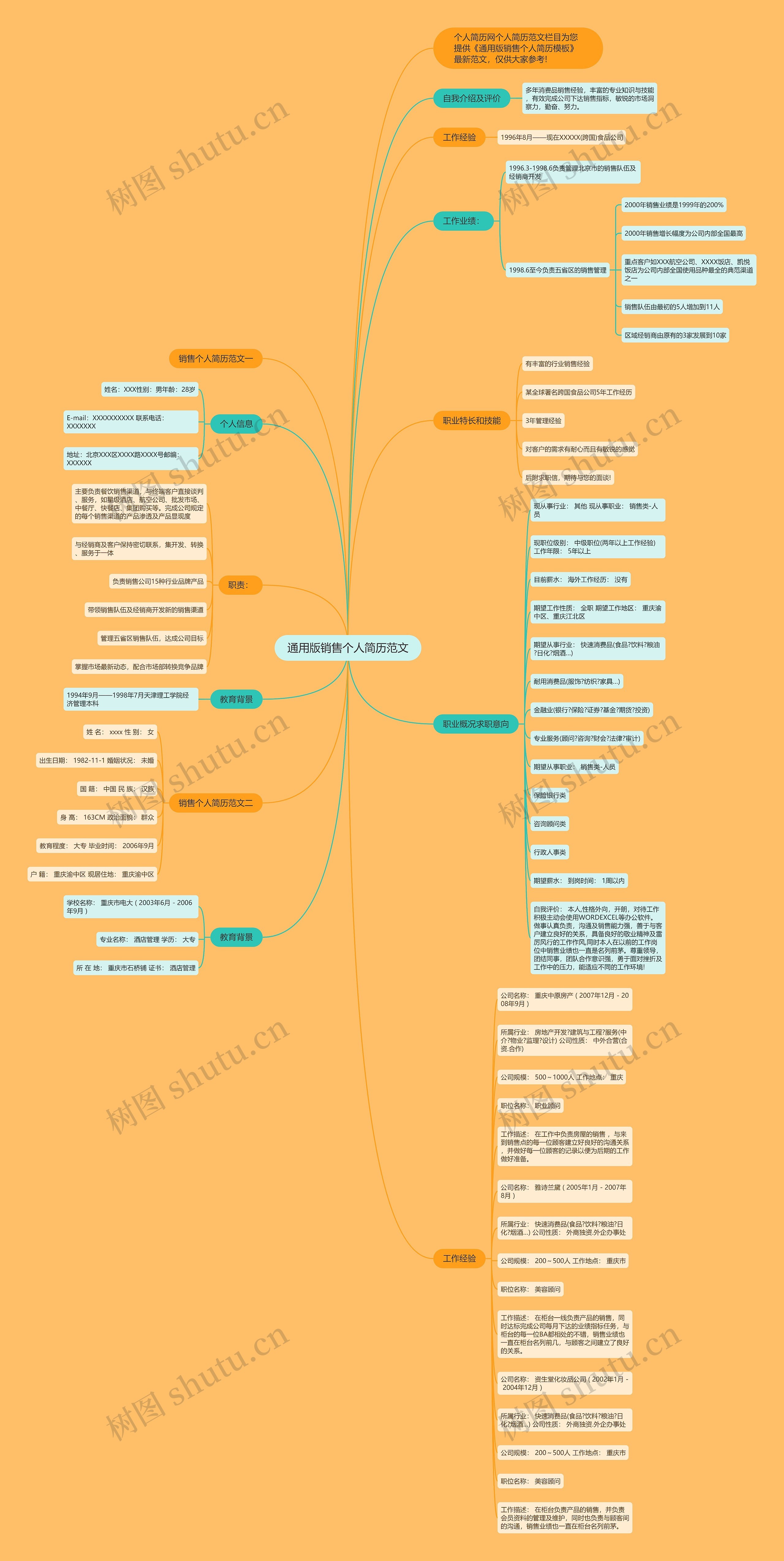 通用版销售个人简历范文思维导图
