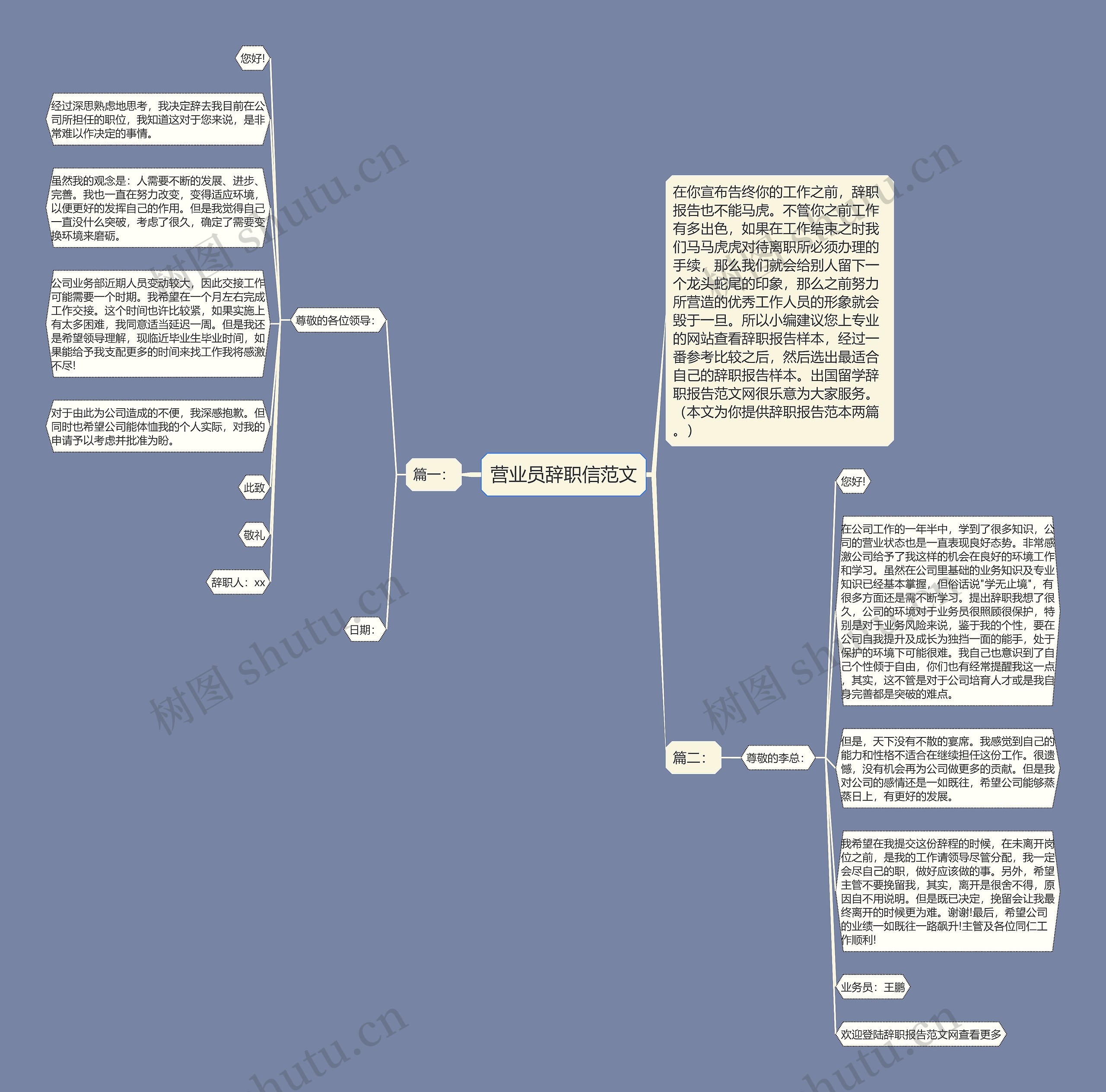 营业员辞职信范文思维导图