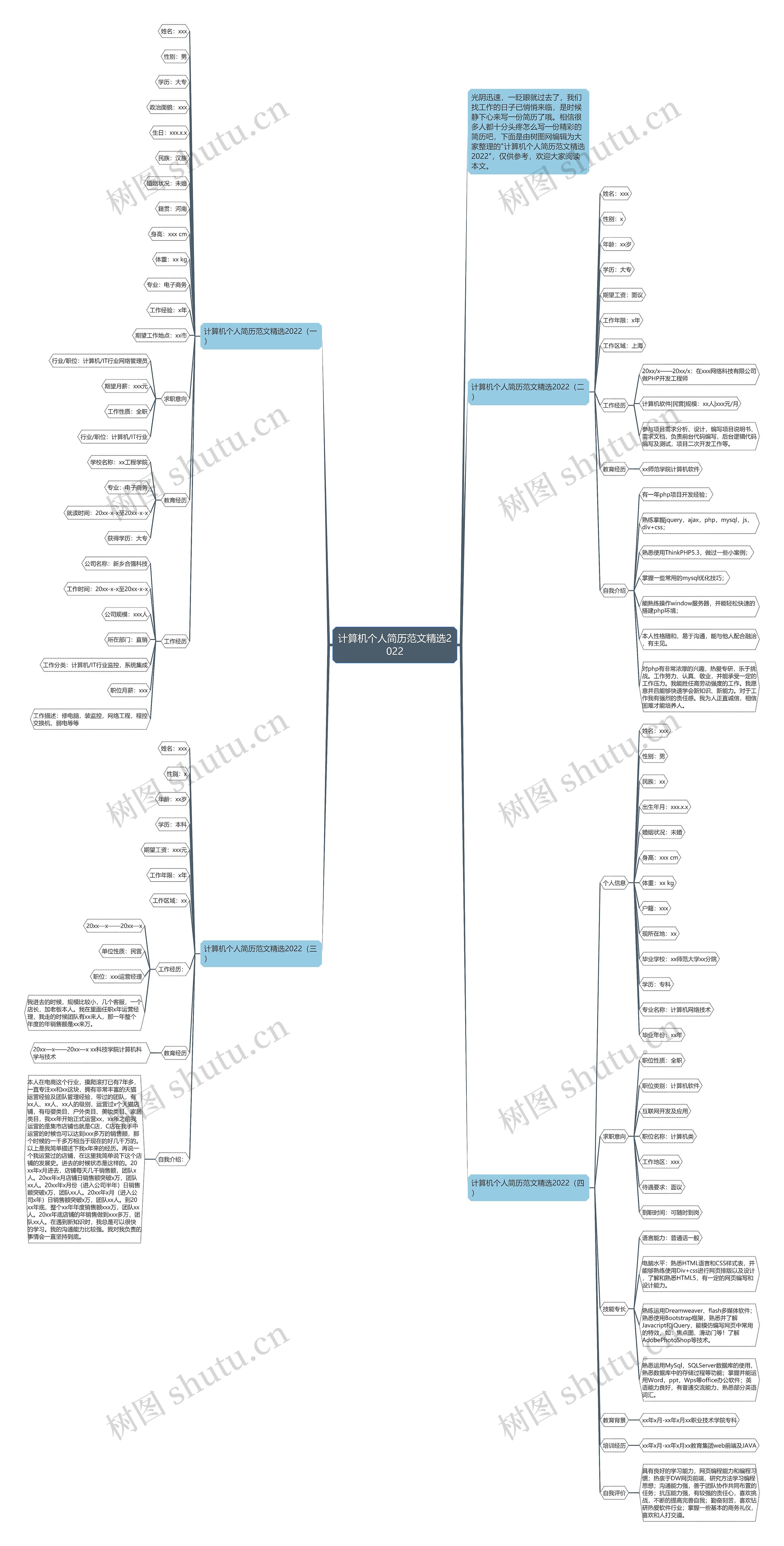 计算机个人简历范文精选2022思维导图