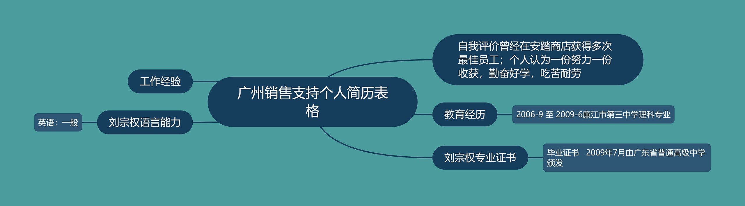 广州销售支持个人简历表格思维导图