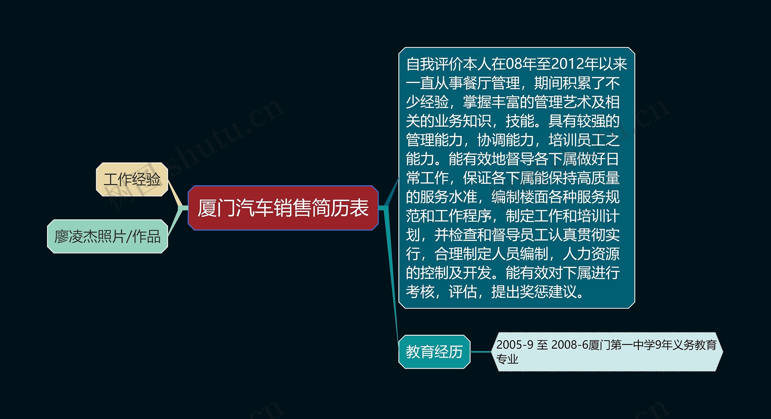 厦门汽车销售简历表思维导图