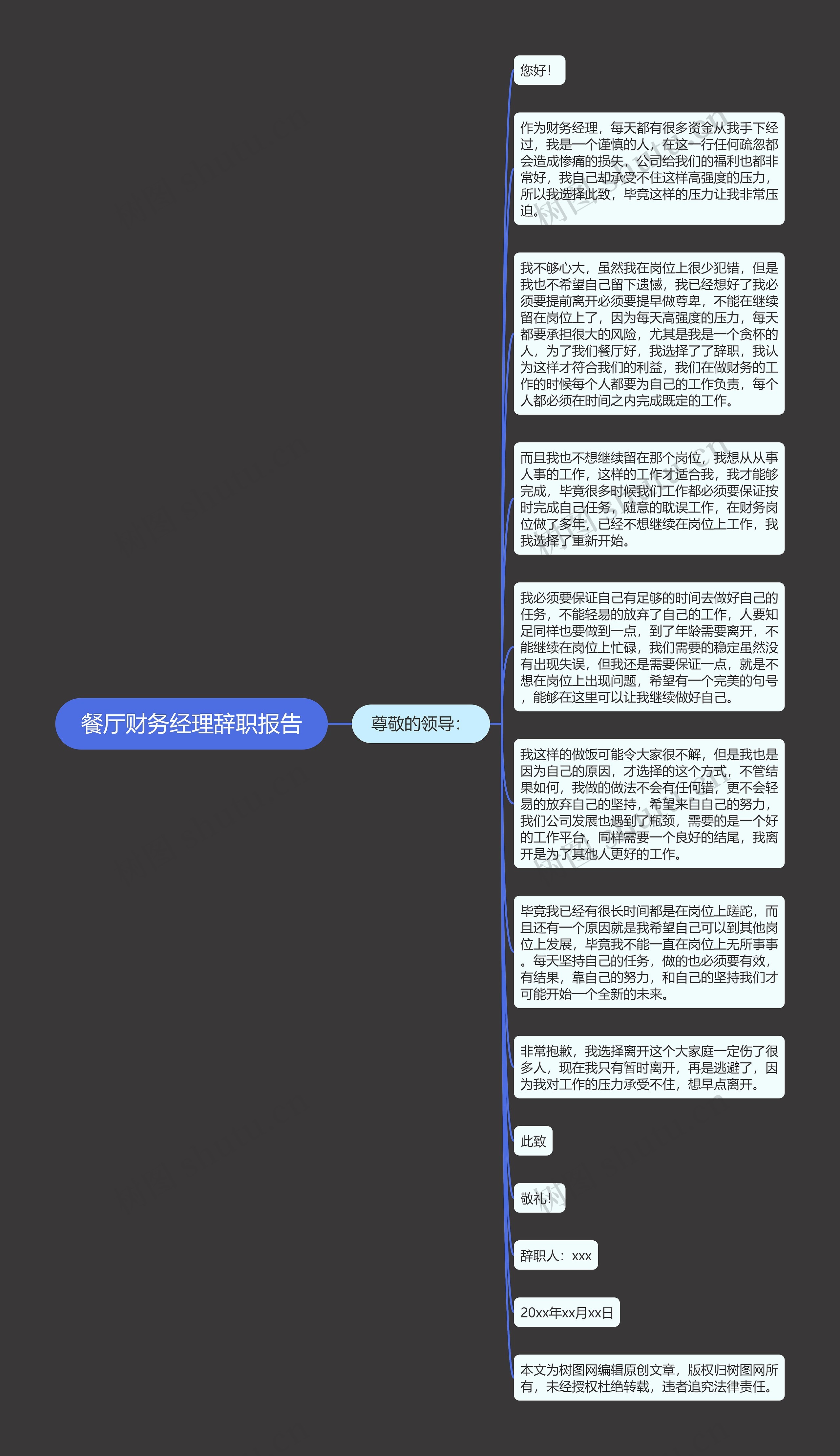 餐厅财务经理辞职报告思维导图