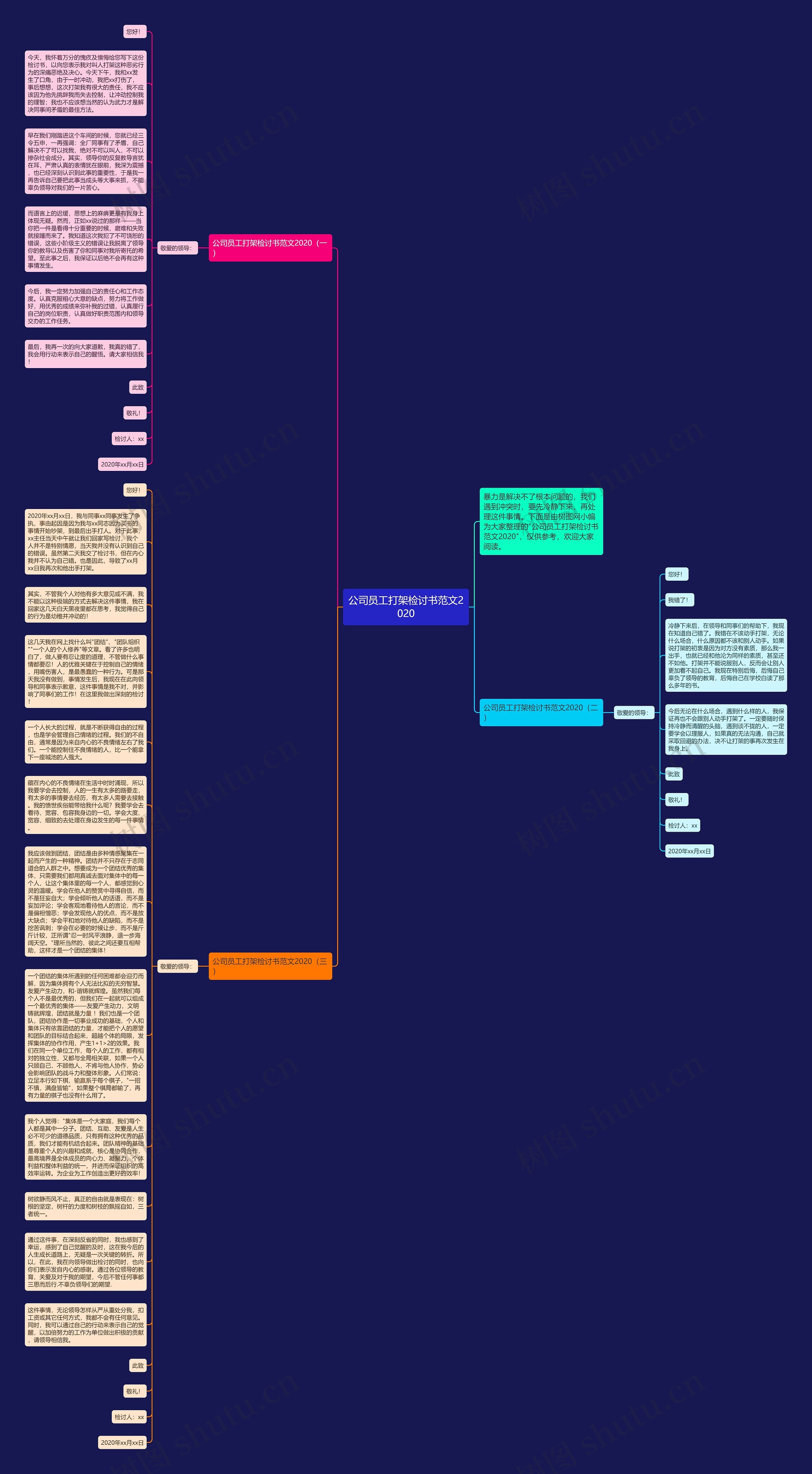 公司员工打架检讨书范文2020思维导图