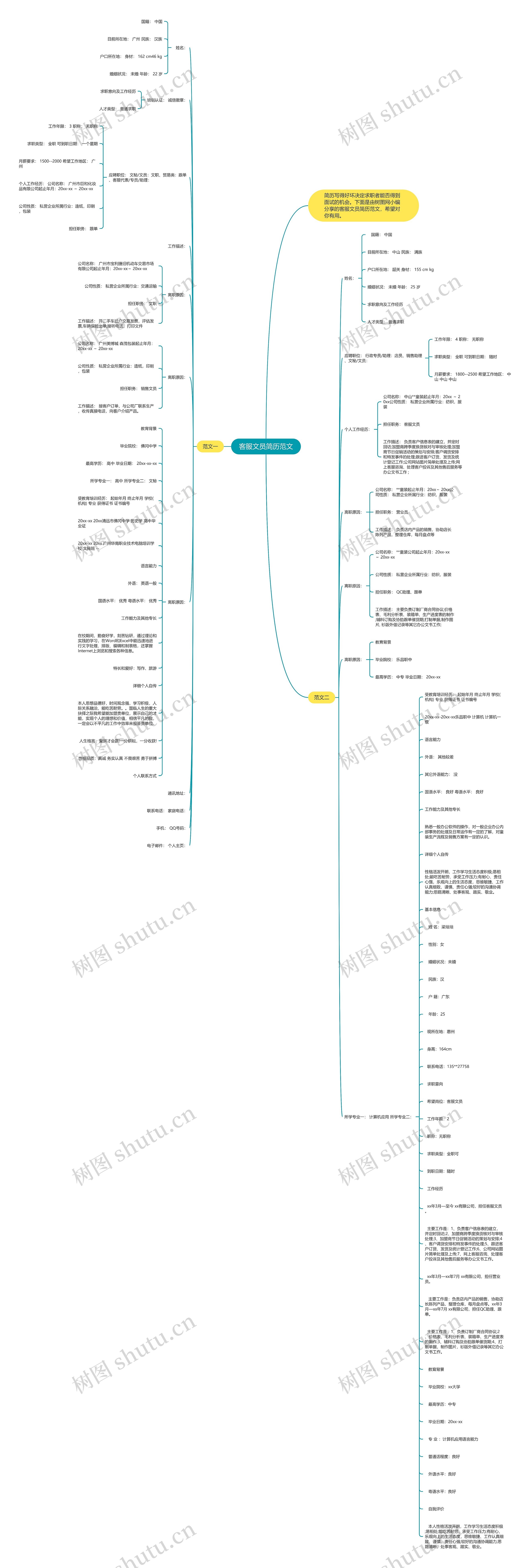 客服文员简历范文思维导图