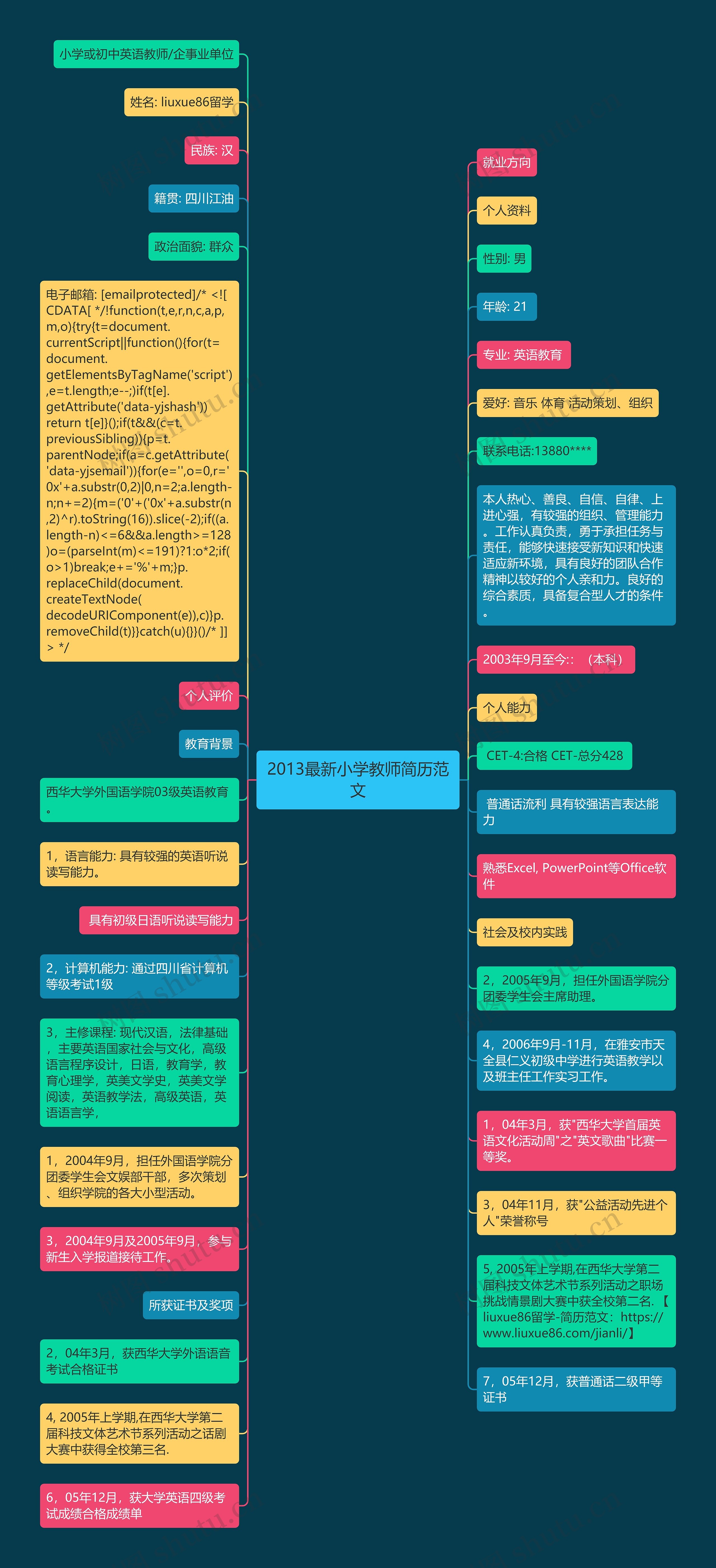 2013最新小学教师简历范文思维导图