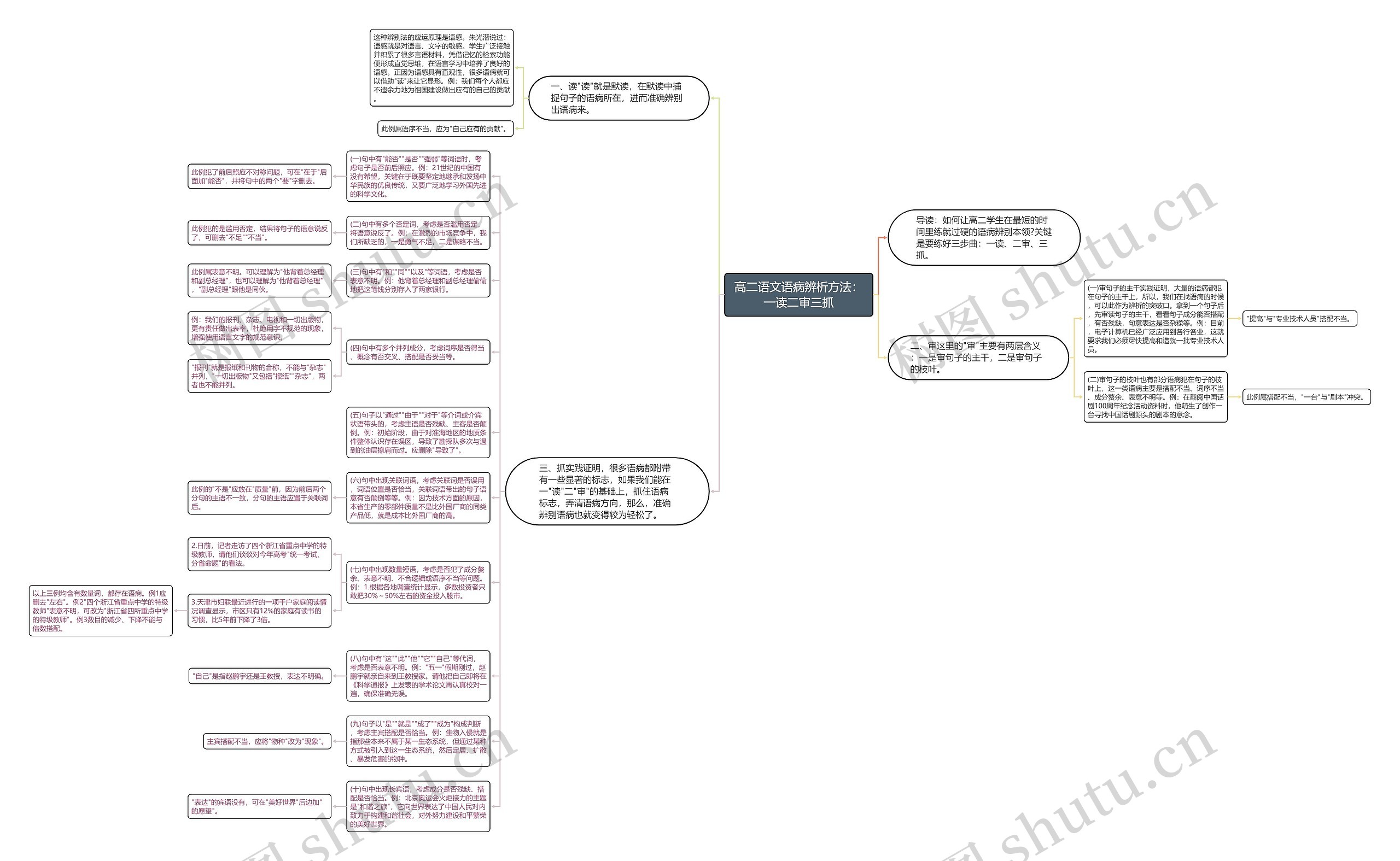 高二语文语病辨析方法：一读二审三抓思维导图