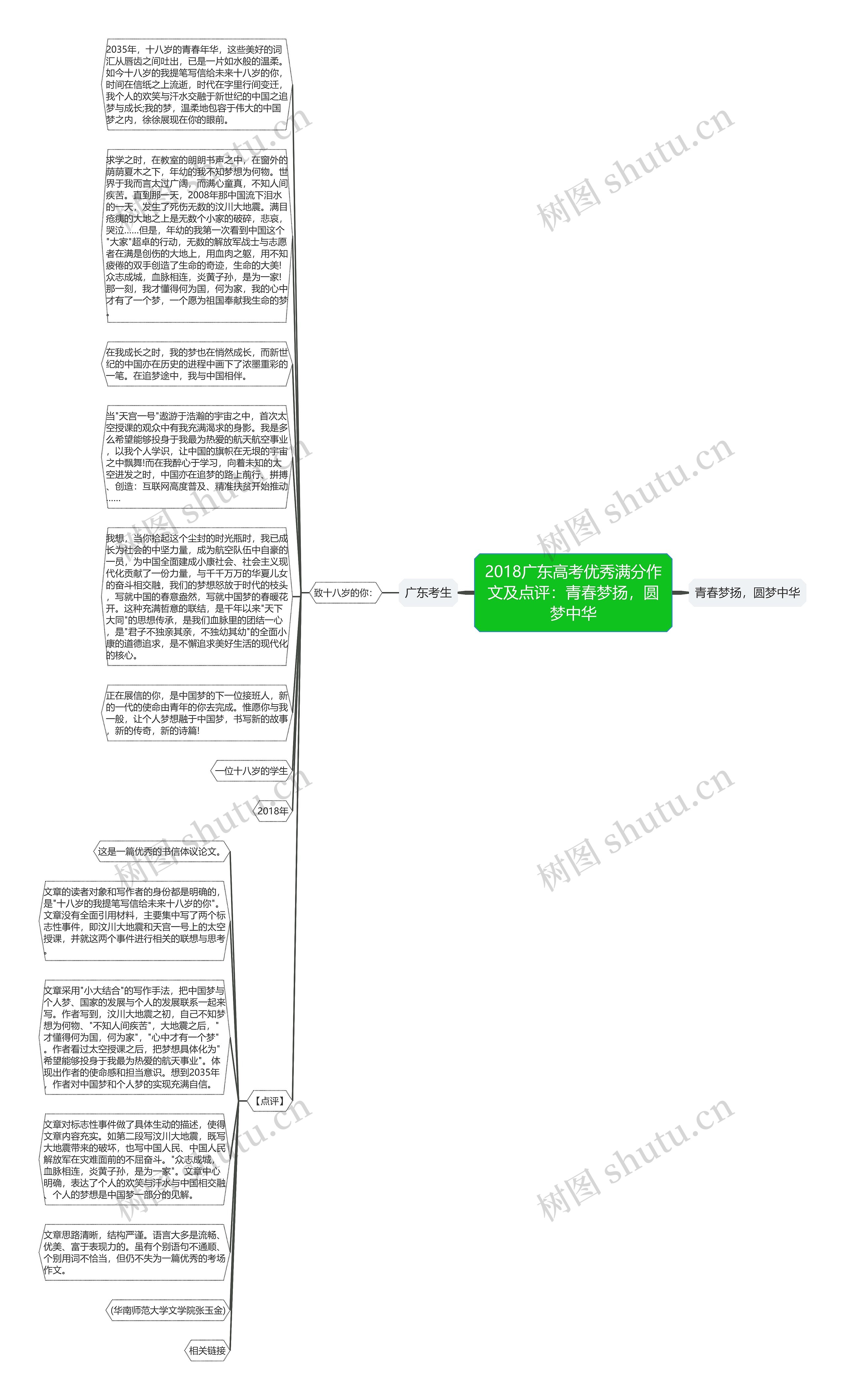 2018广东高考优秀满分作文及点评：青春梦扬，圆梦中华思维导图