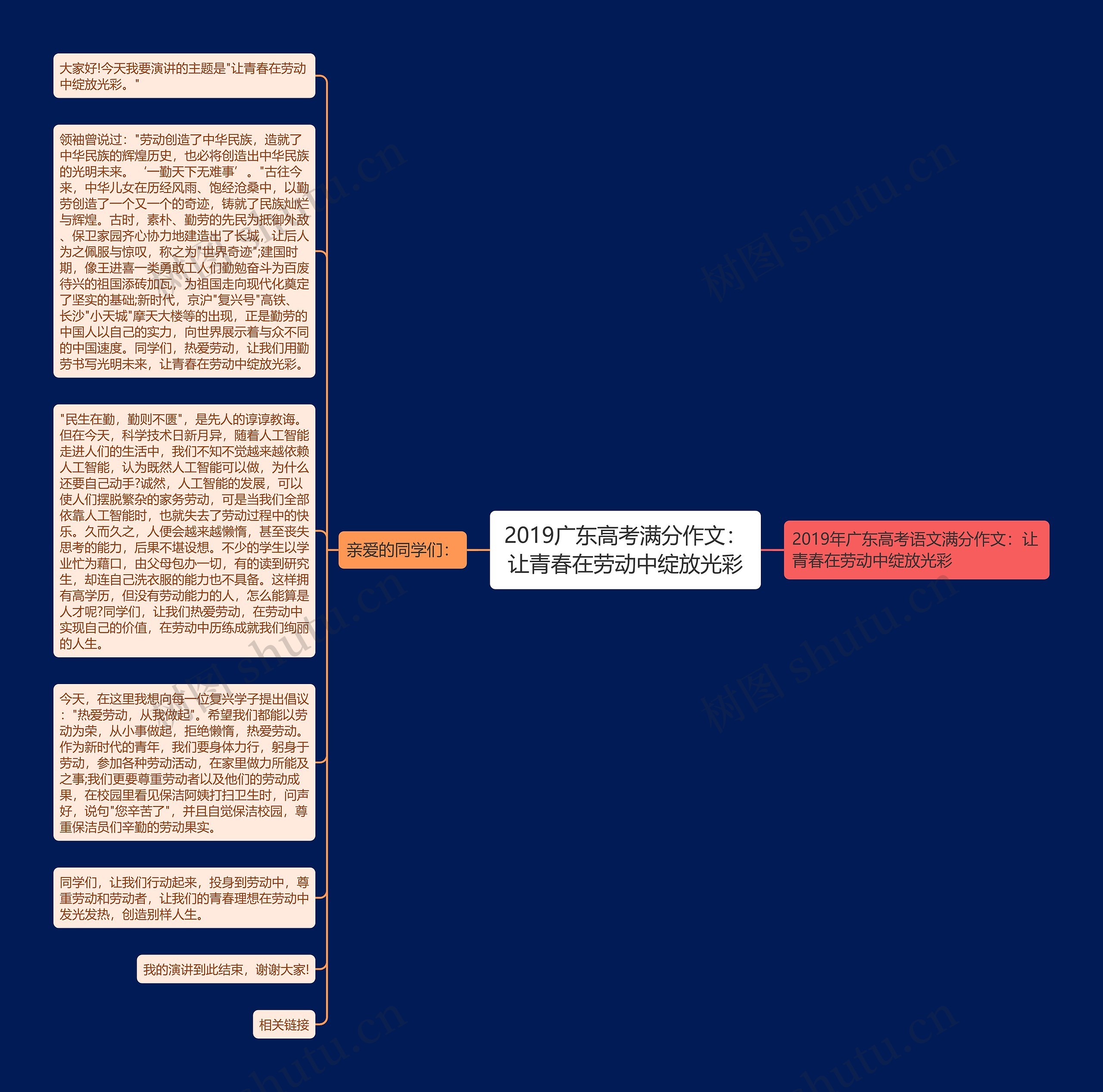 2019广东高考满分作文：让青春在劳动中绽放光彩思维导图