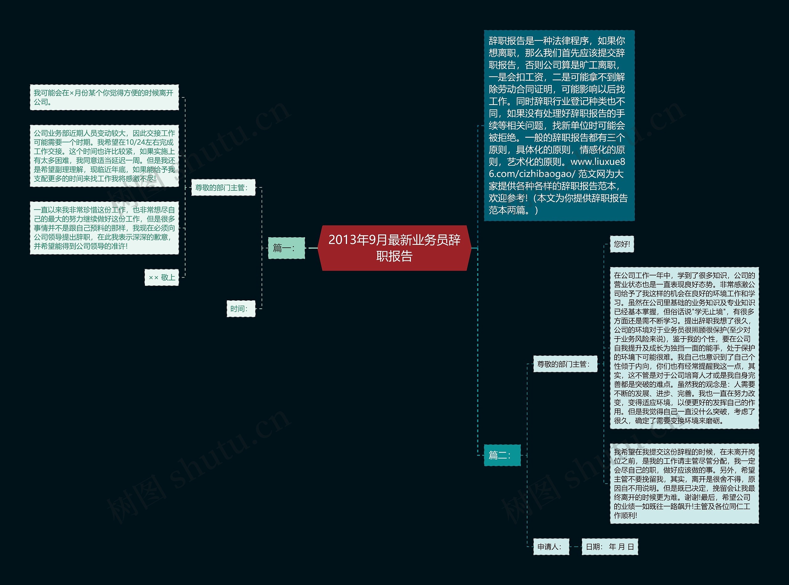 2013年9月最新业务员辞职报告思维导图