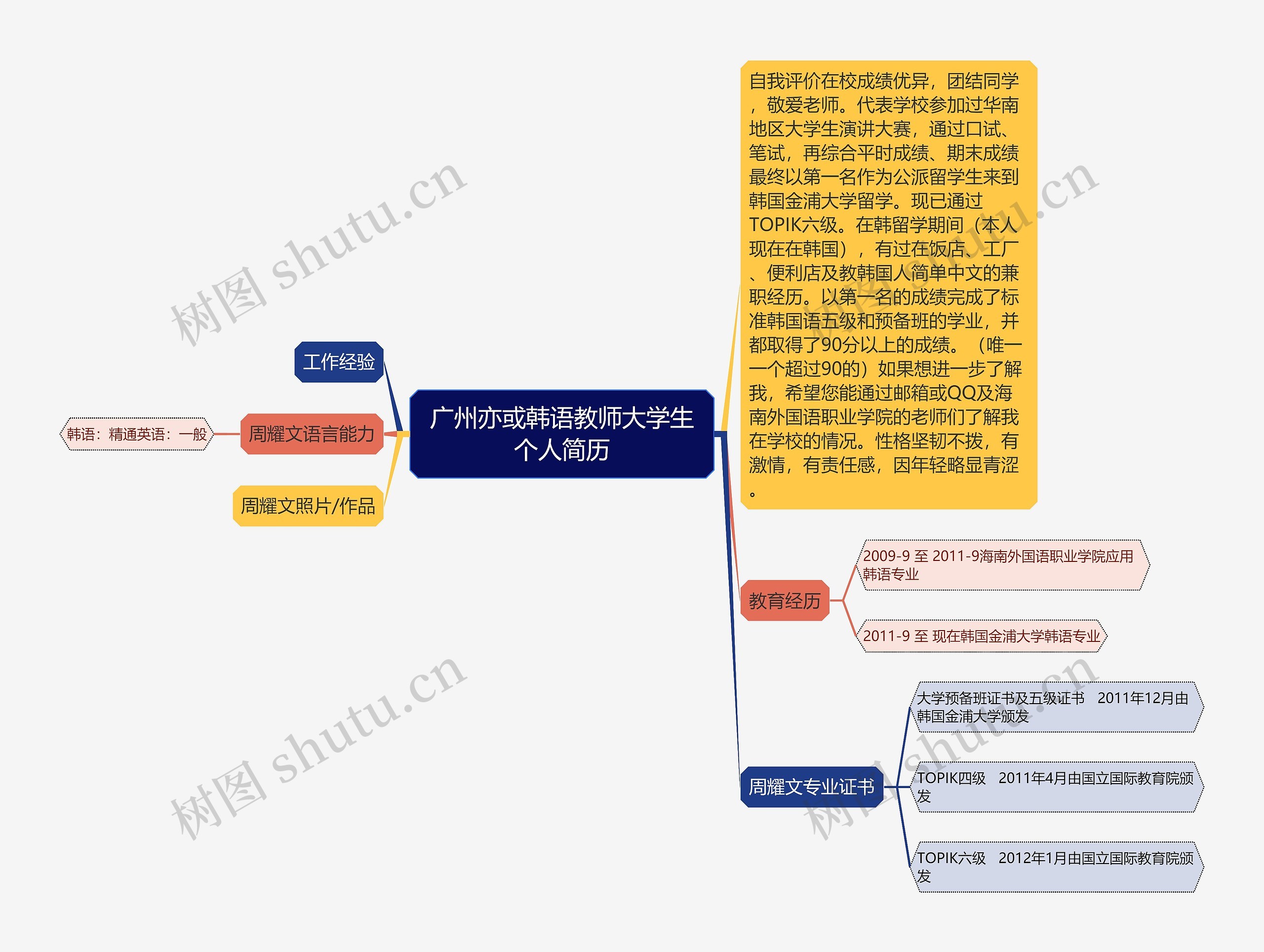 广州亦或韩语教师大学生个人简历思维导图