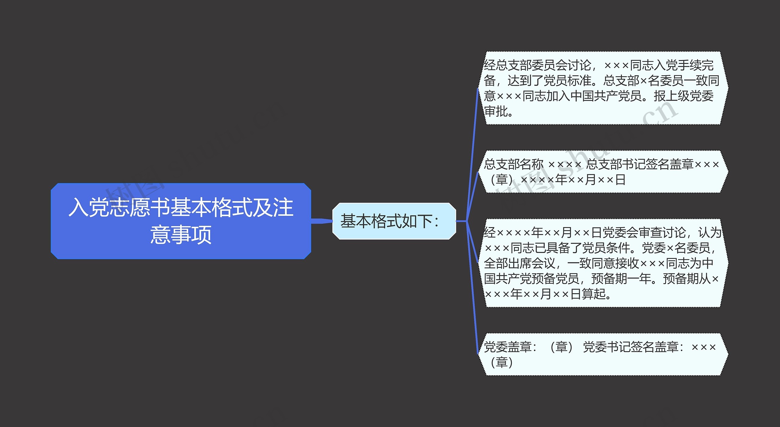 入党志愿书基本格式及注意事项思维导图