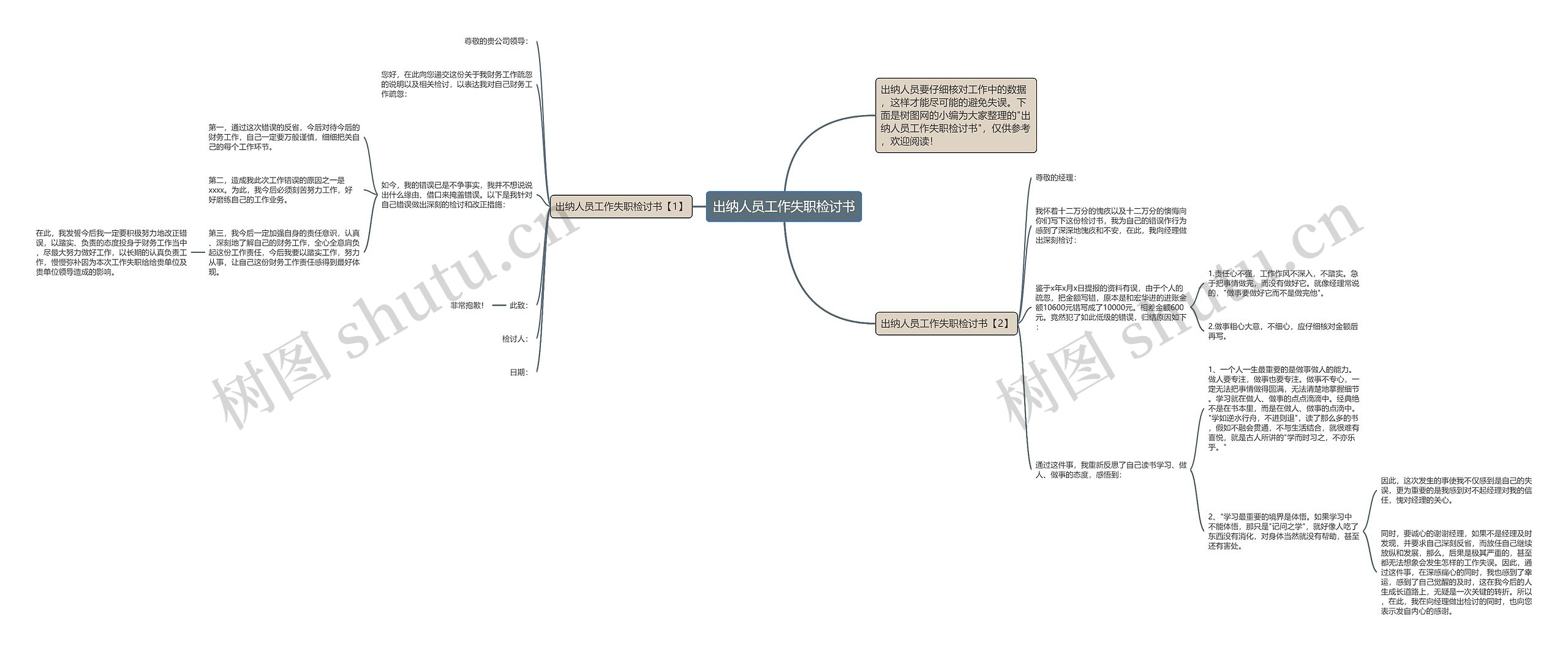 出纳人员工作失职检讨书思维导图