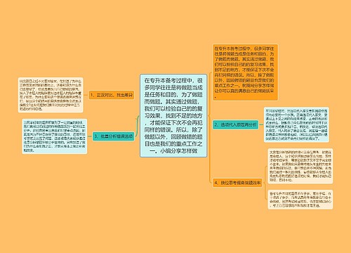 在专升本备考过程中,很多同学往往是将做题当成是任务和目的,为了做题而做题。其实通过做题,我们可以检验自己的的复习效果,找到不足的地方,才能保证下次不会再犯同样的错误。所以,除了做题以外,回顾做错的题目也是我们的重点工作之一。小编分享怎样做 在专升本备考过程中,很多同学往往是将做题当成是任务和目的,为了做题而做题。其实通过做题,我们可以检验自己的的复习效果,找到不足的地方,才能保证下次不会再犯同样的错误。所以,除了做题以外,回顾做错的题目也是我们的重点工作之一。小编分享怎样做