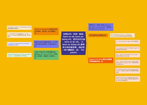 有朋友问:英语一般说 keen on sth, keen on doing sth,是否也可以说 keen to do sth。 1)keen on doing sth 通常表示喜欢做某事,指的是一种兴趣爱好。如: The painter 有朋友问:英语一般说 keen on sth, keen on doing sth,是否也可以说 keen to do sth。 1)keen on doing sth 通常表示喜欢做某事,指的是一种兴趣爱好。如: The painter